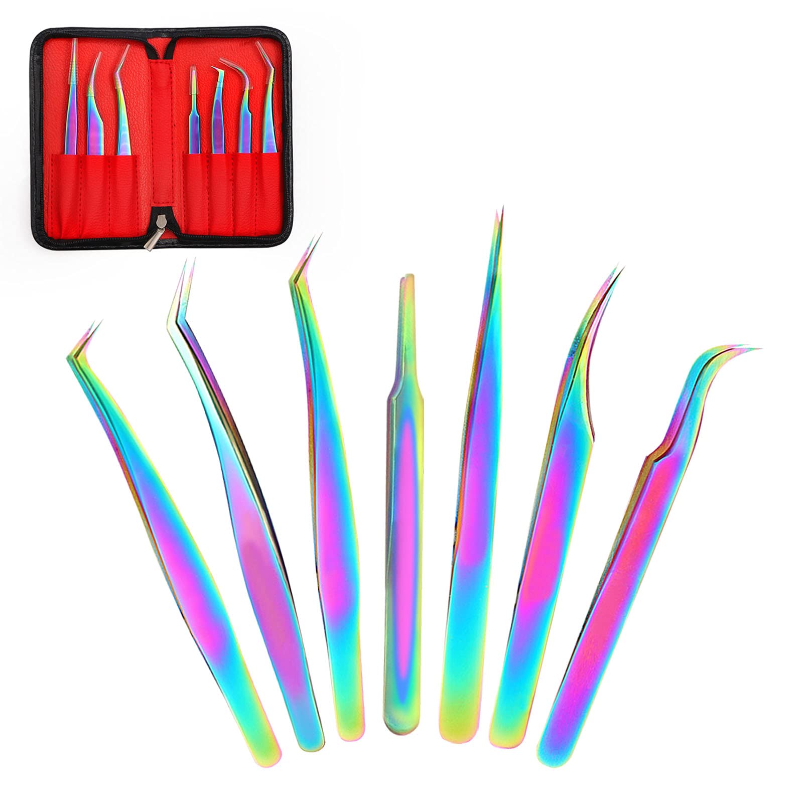 Fangze 7-Piece Eyelash Extension Tweezers Set - Professional Rainbow Stainless Steel Straight & Curved Tweezers for Lash Extensions, Nail Art, Ingrown Hair Removal & DIY Crafts - Perfect for Salon Professionals & Home Use