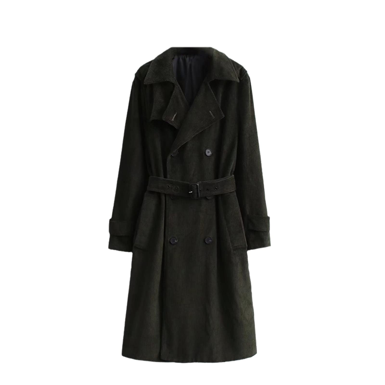 Women's Black Corduroy Trench Coat with Turn-Down Collar & Sash - Winter Fashion Casual Outerwear for Work, Date Night & Fall Season