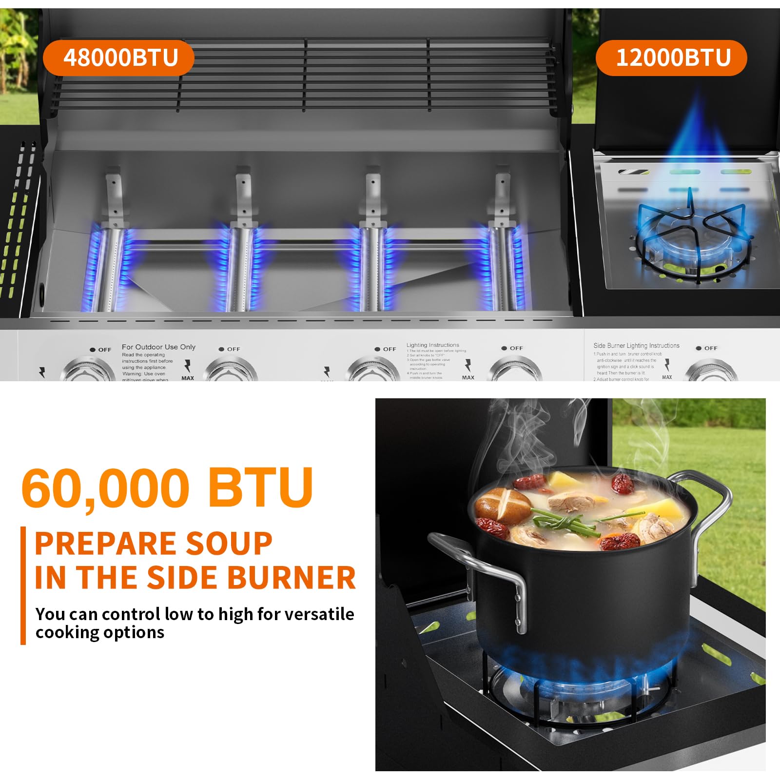 SKOK 4-Burner Stainless Steel Propane Gas Grill with Side Burner - 60,000 BTU BBQ Grill with Porcelain-Enameled Cast Iron Grates, 629 Sq.In Grilling Area - Perfect for Backyard BBQs, Tailgating & Outdoor Cooking Parties