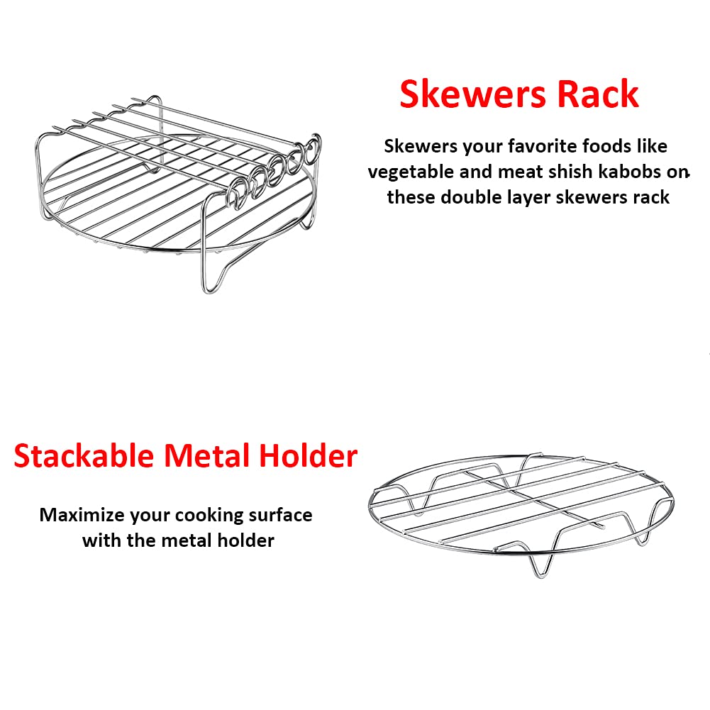 XL Air Fryer Rack Set of 2 - Double Layer Stackable Metal Holder with Skewers - Perfect for Cooking Chicken Wings, Vegetables & More in Air Fryer Oven
