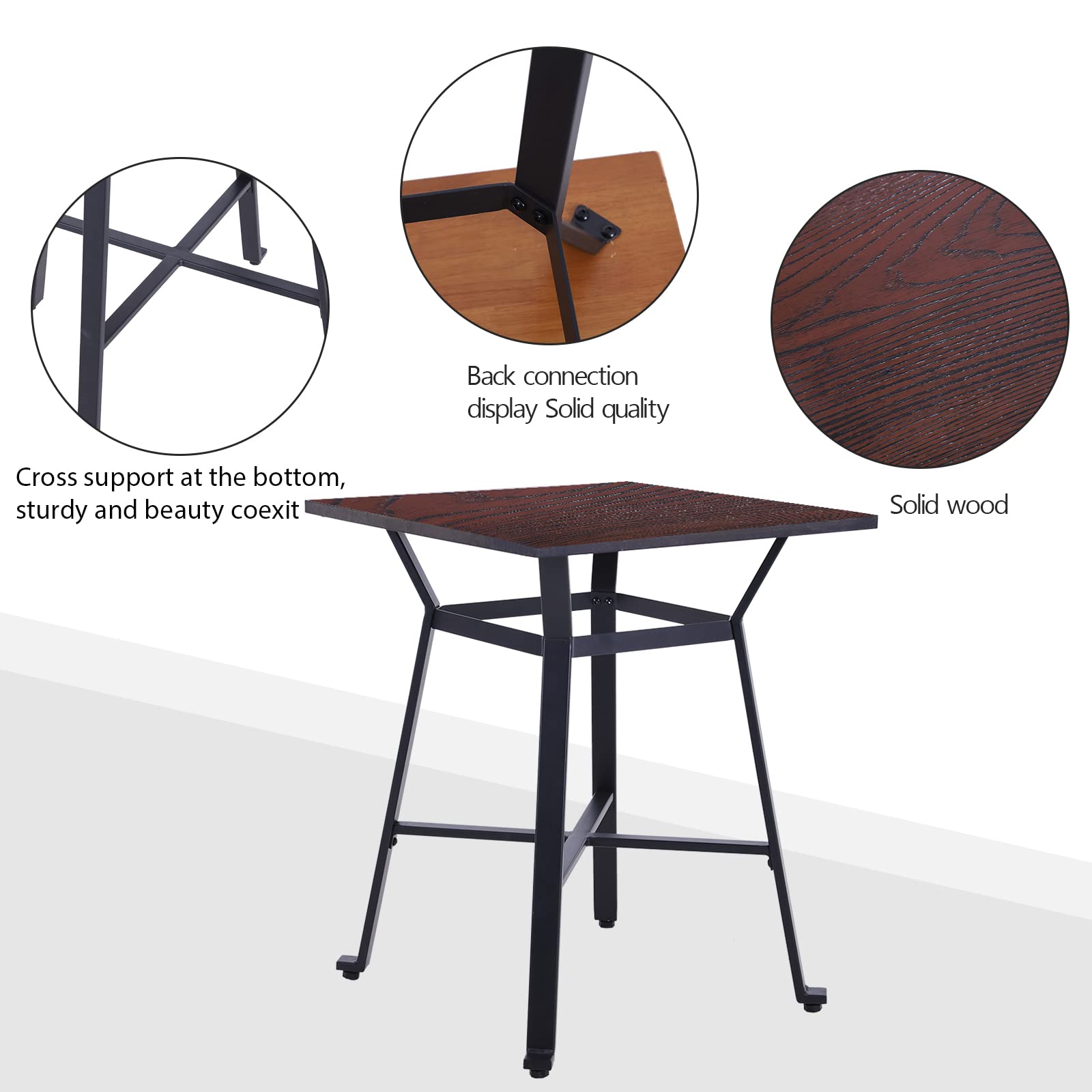Modern Square Solid Wood Bar Height Pub Table - Sturdy Metal Frame Bistro Kitchen Cafe Dining Table - Easy to Assemble Indoor Use for Home, Restaurant & Office - Brown