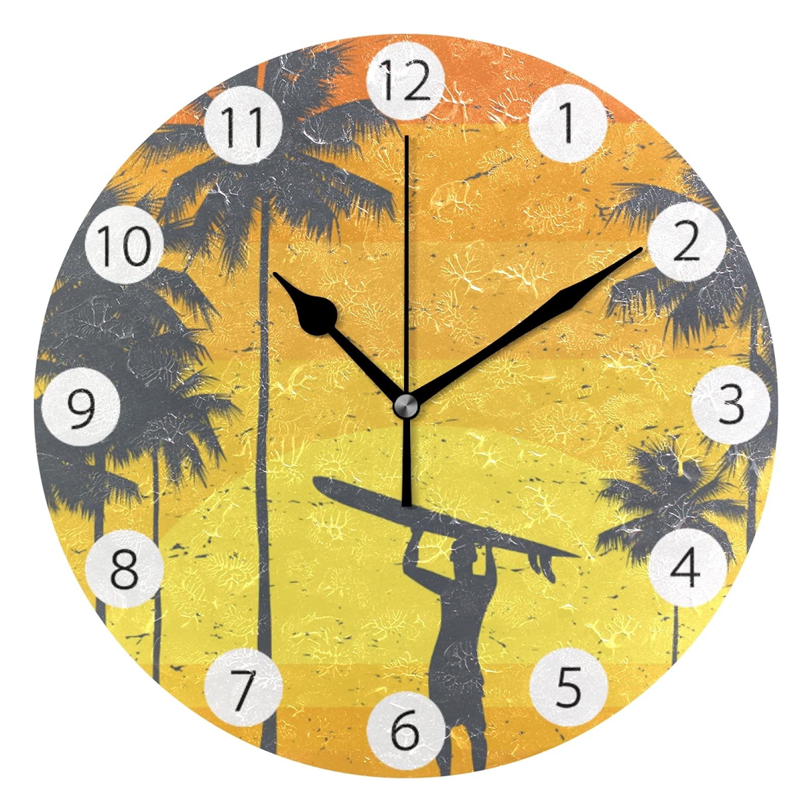 California Beach Surfer Wall Clock - Silent Non-Ticking Round Wall Decor for Kitchen, Living Room & Bedroom | Battery Operated Modern Art Clock for Home & Office