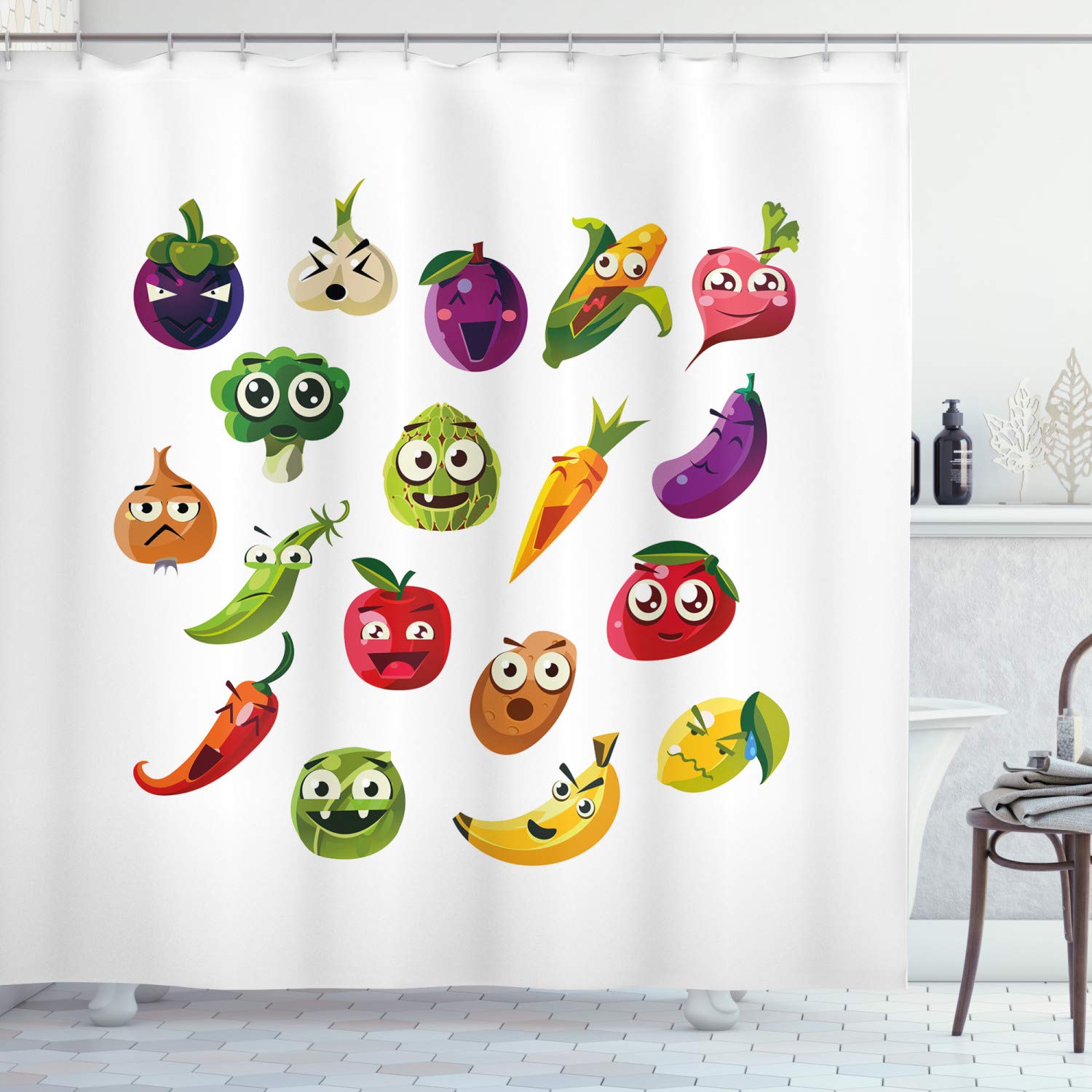 Ambesonne Emoticon Shower Curtain - Fun Cartoon Fruits & Vegetables Design (Carrot, Banana, Pepper, Onion, Garlic) - 69x84 Inch Waterproof Fabric Bathroom Decor with Hooks - Perfect for Kids' Bathroom, Kitchen Themed Decor, and Playful Home Decor
