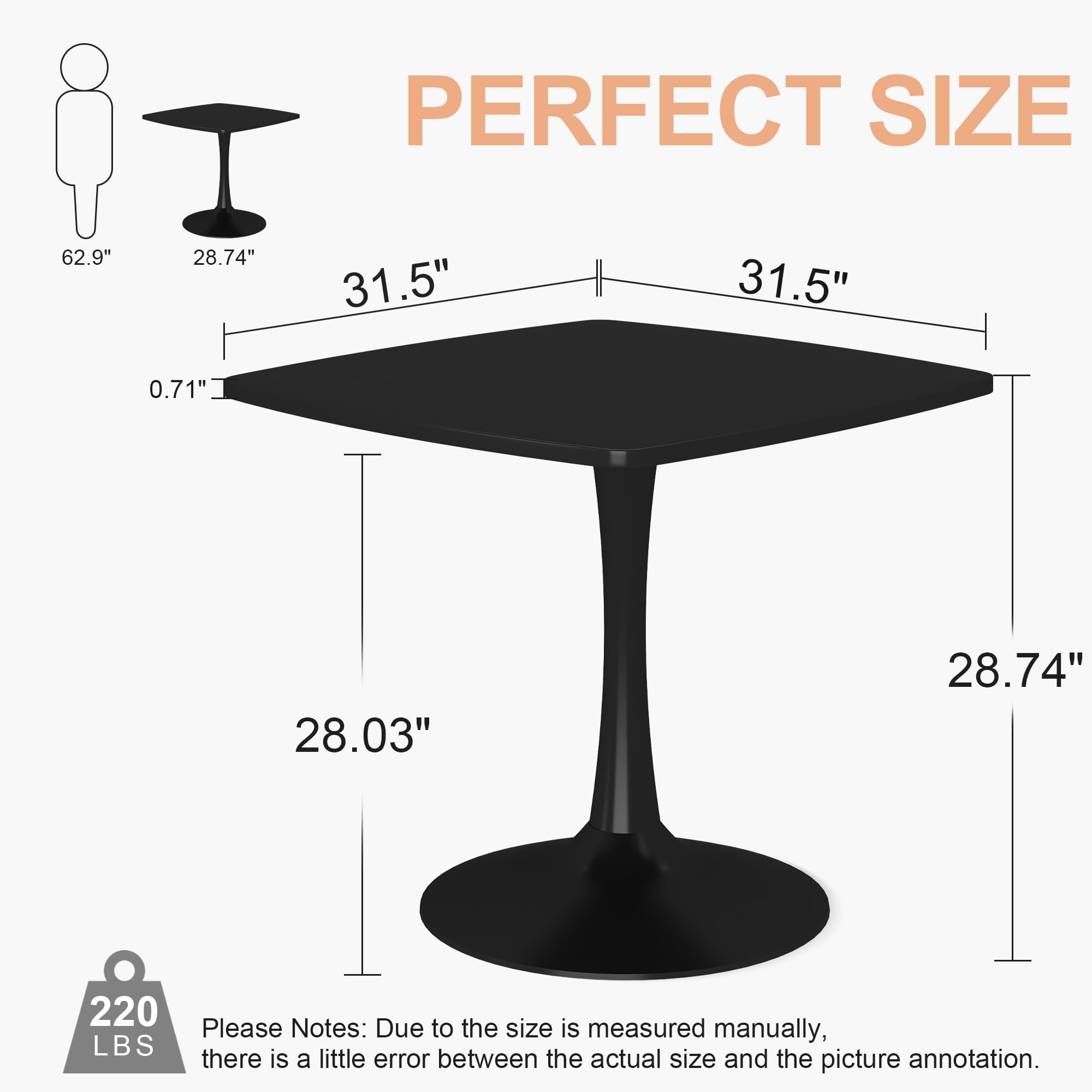 DKLGG 31.5 Inch Black Square Tulip Dining Table - Modern Pedestal Kitchen Table with Sturdy MDF Tabletop & Metal Base - Compact Space-Saving Design for 2-4 People - Perfect for Small Apartments, Breakfast Nooks, and Cozy Dining Areas