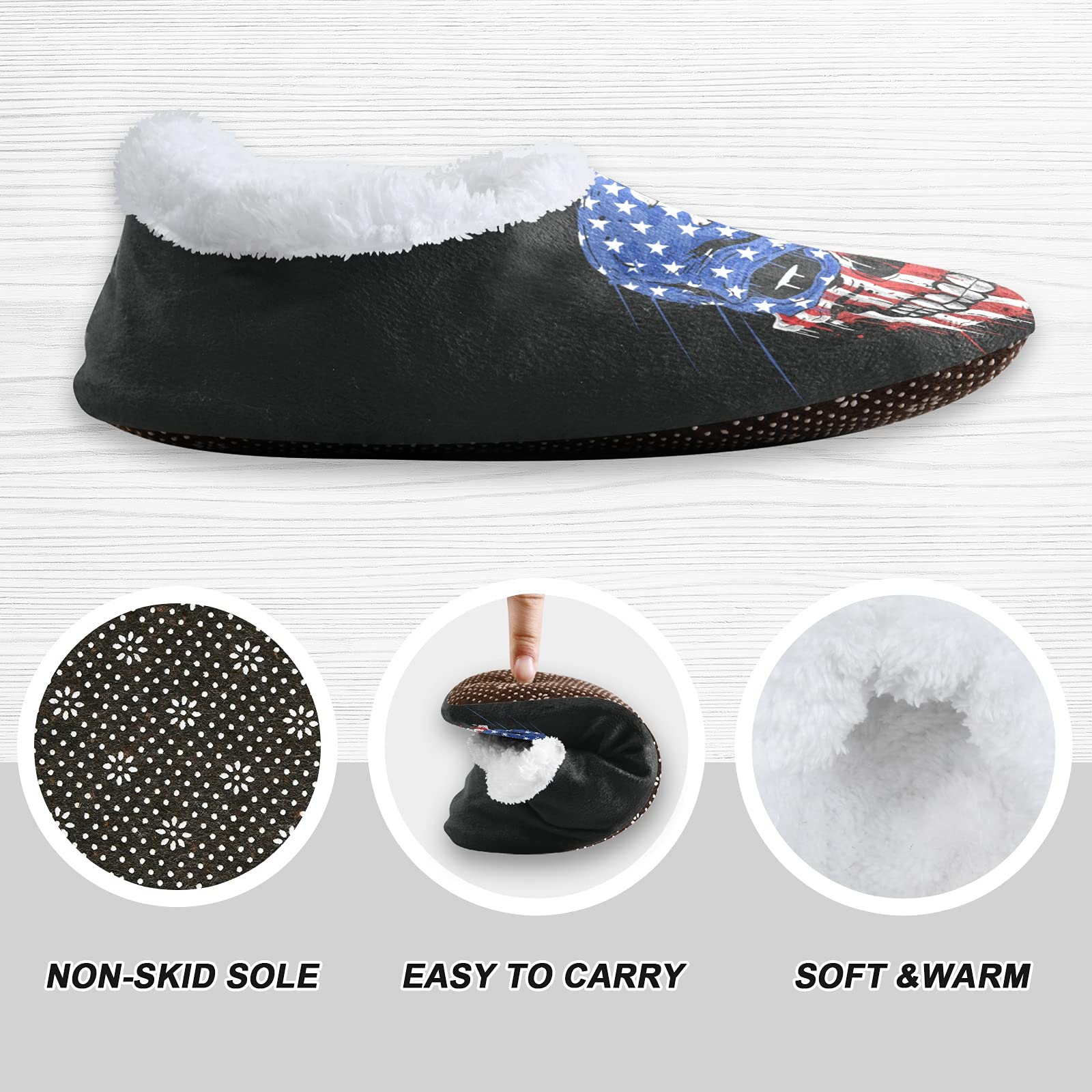 USA Flag Skull Slippers for Women & Men - Soft Cozy Fuzzy House Shoes with Non-Skid Sole for Home, Indoor & Office Wear - Perfect for Relaxing, Lounging & Holiday Gifts