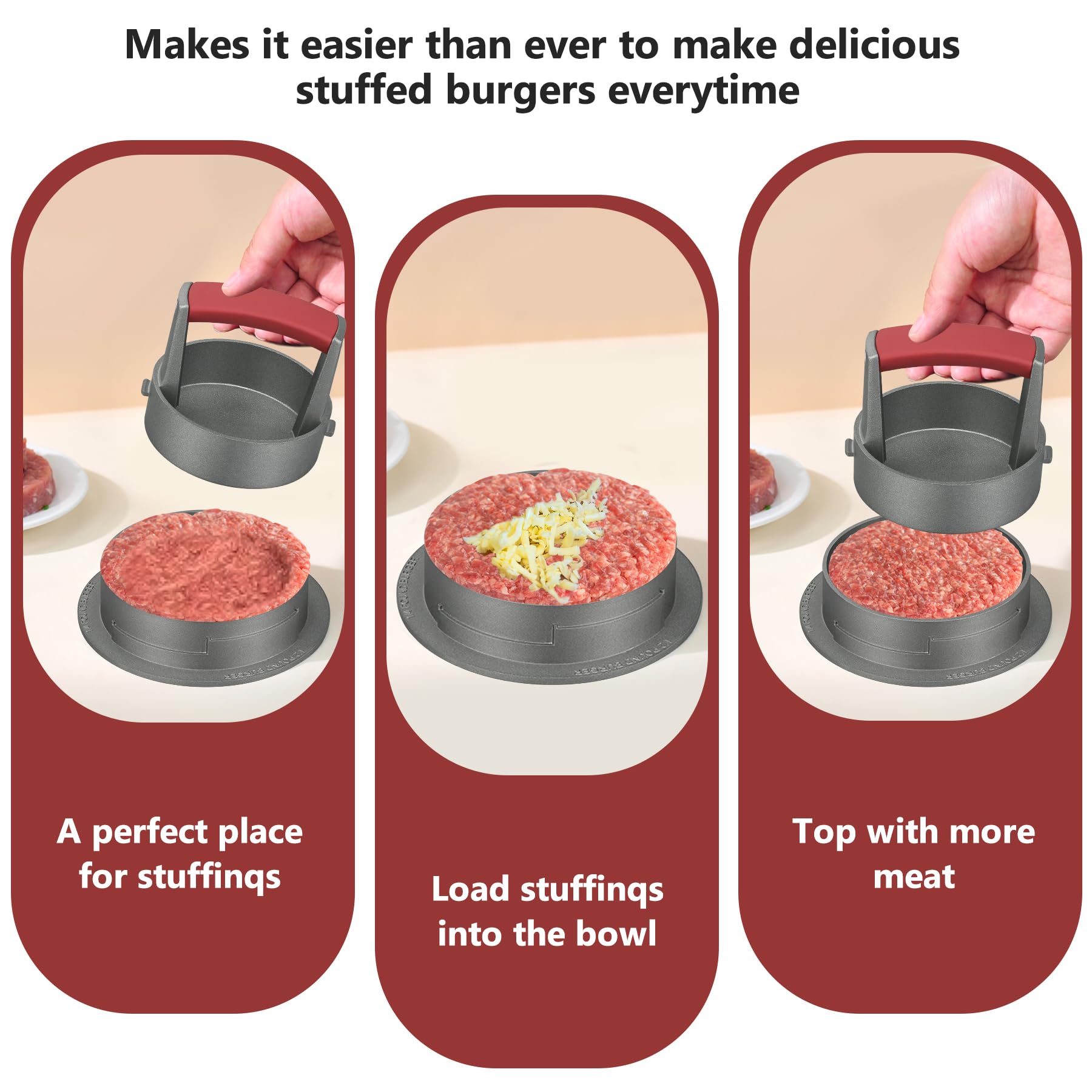 3-in-1 Heavy Duty Burger Press Patty Maker - Adjustable Hamburger Mold for 1/2, 1/3 & 1/4 lb Patties - Non-Stick with 100 Patty Papers - Perfect for BBQ, Picnics & Home Grilling