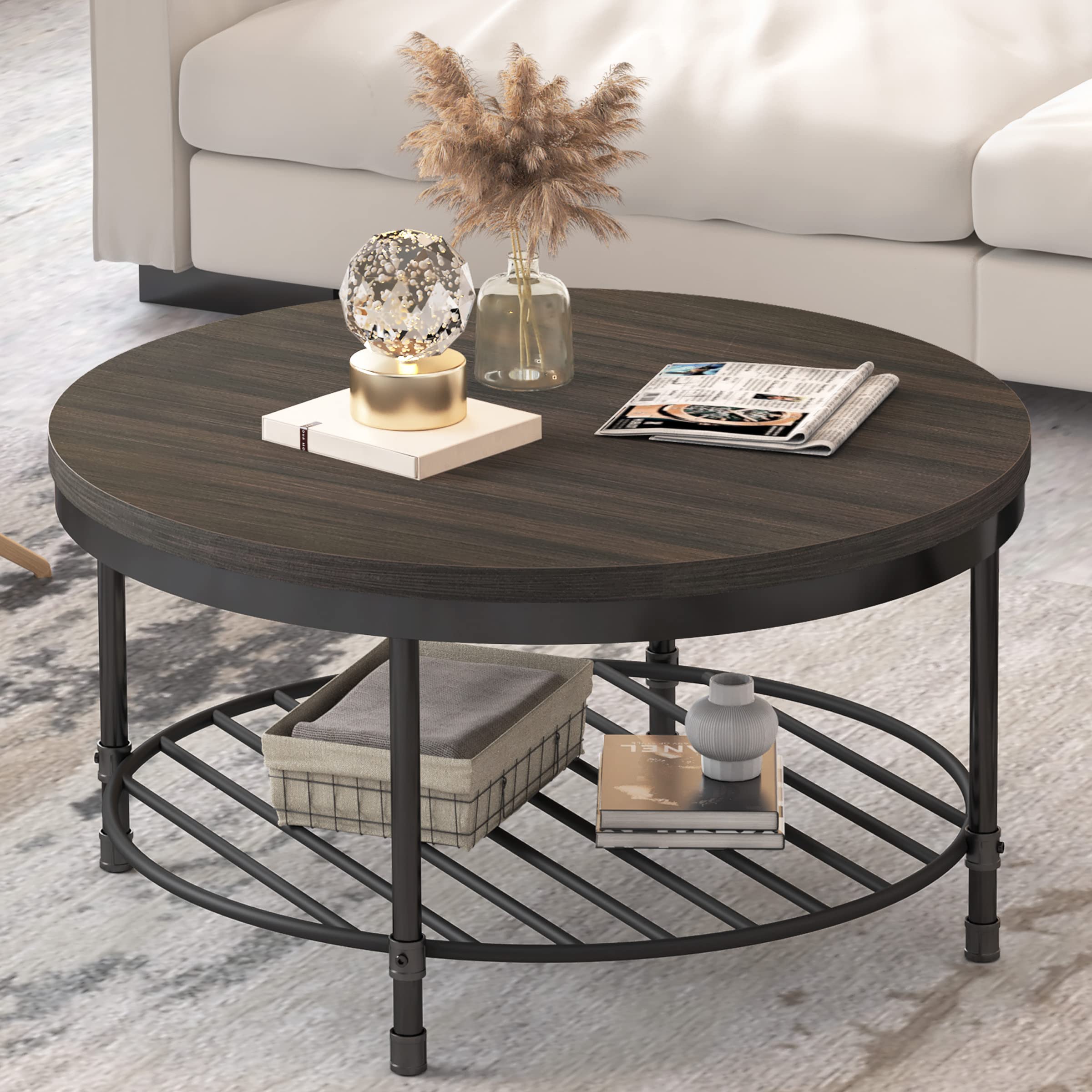 Rustic Round Coffee Table with Wood Top & Metal Legs - Industrial Sofa Table for Living Room, Modern End Table with Storage Shelf, Home Furniture (Dark Grey Brown) - Perfect for Small Spaces, Apartments, and Cozy Living Rooms