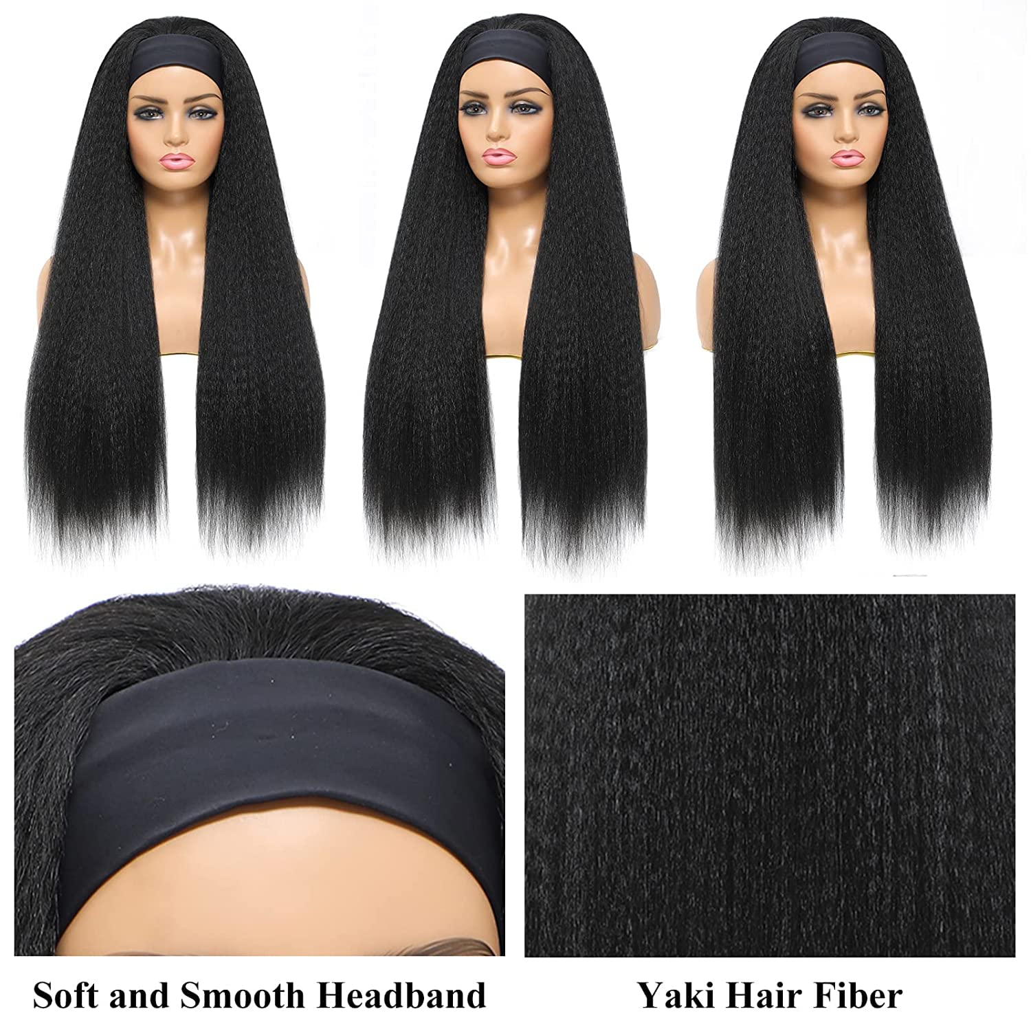 20 Inch Kinky Straight Headband Wig for Black Women - Glueless Synthetic Hair with Natural Hairline - Yaki Straight Headband Wig in #1B Color - Perfect for Daily Wear, Parties & Special Occasions