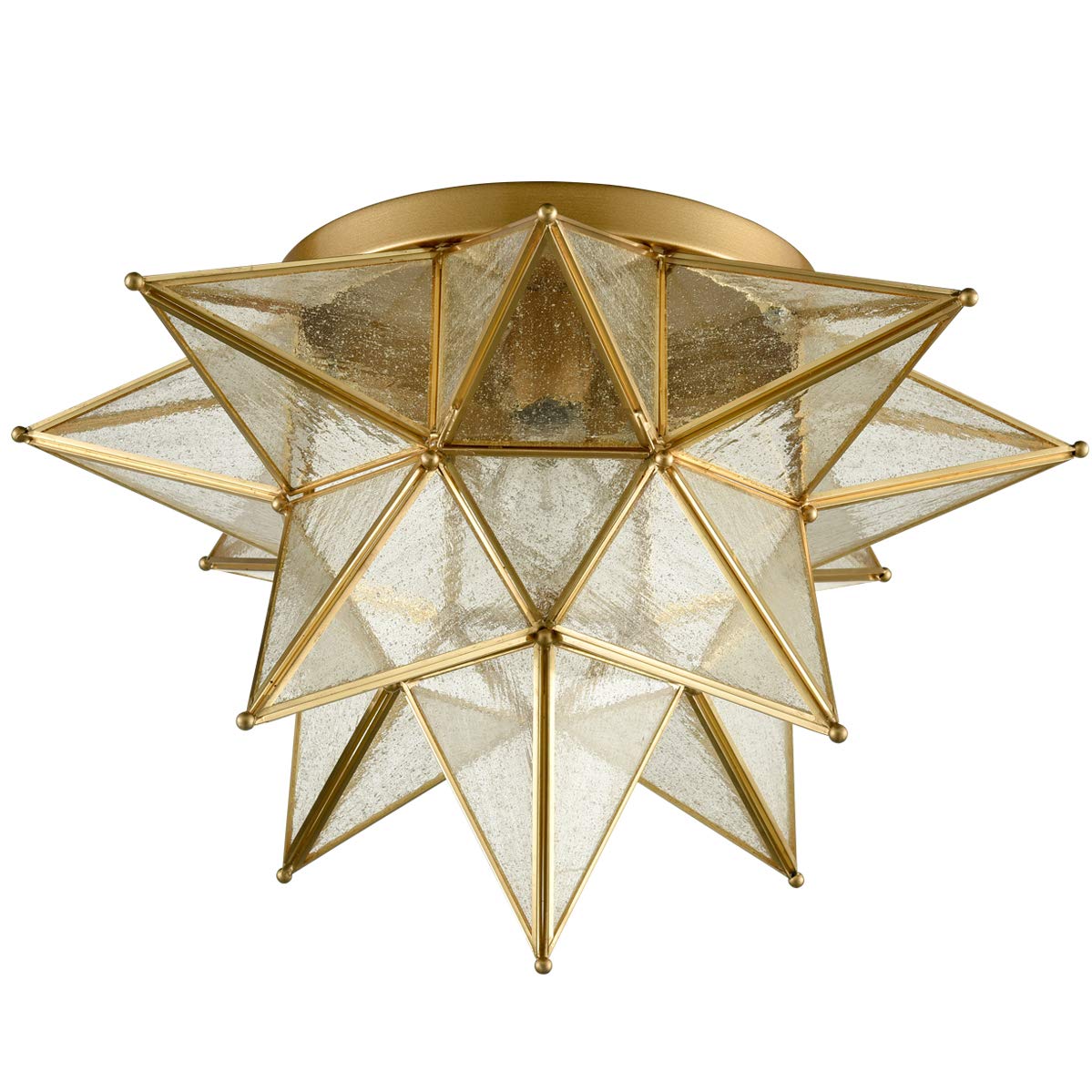 DAYCENT 18 Inch Modern Moroccan Seeded Glass Brass Moravian Star Flush Mount Ceiling Light Fixture - Perfect for Kitchen, Dining Room, Bedroom & Hallway Lighting
