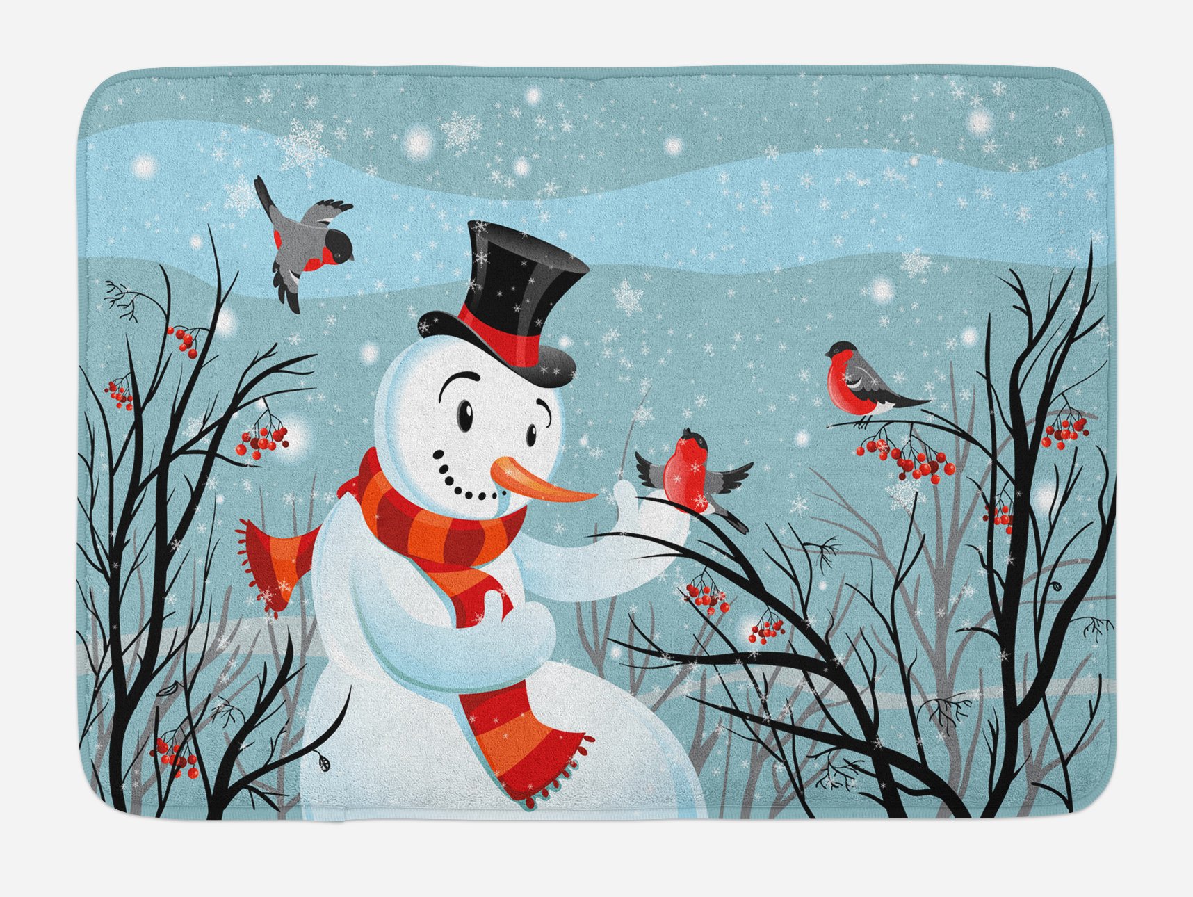 Ambesonne Christmas Bath Mat - Non-Slip Plush Bathroom Rug with Snowy Winter Tree, Berries & Bullfinch Birds Design, 30.2