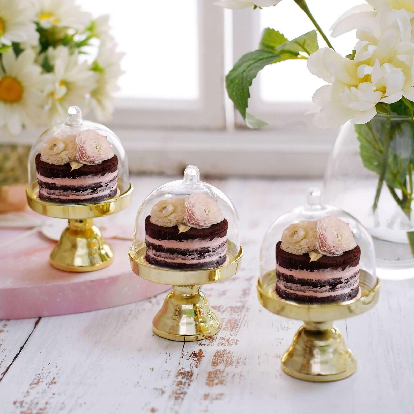 Efavormart 12-Pack 4-Inch Gold Mini Cupcake Stands with Dome - Elegant Candy Display Plates for Wedding, Birthday, Baby Shower Decor - Perfect for Dessert Tables, Candy Buffets, and Party Centerpieces