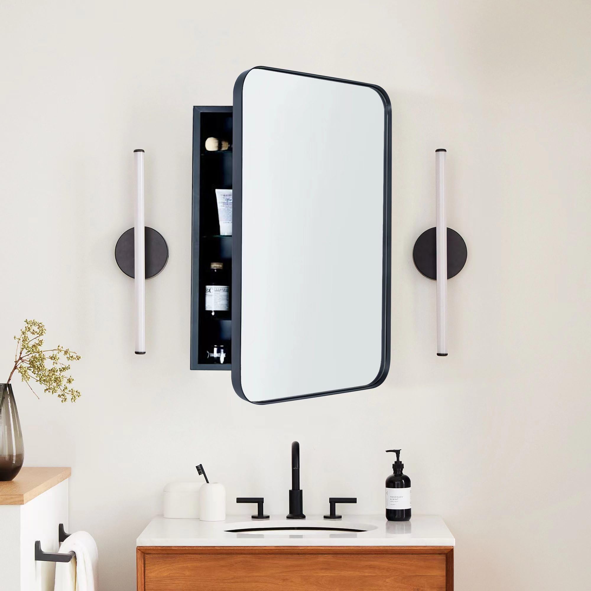 Black Recessed Medicine Cabinet with Mirror - 16.5x27.5 Inch Stainless Steel Framed Bathroom Storage for Toiletries & Essentials | Modern Space-Saving Design for Small Bathrooms & Powder Rooms