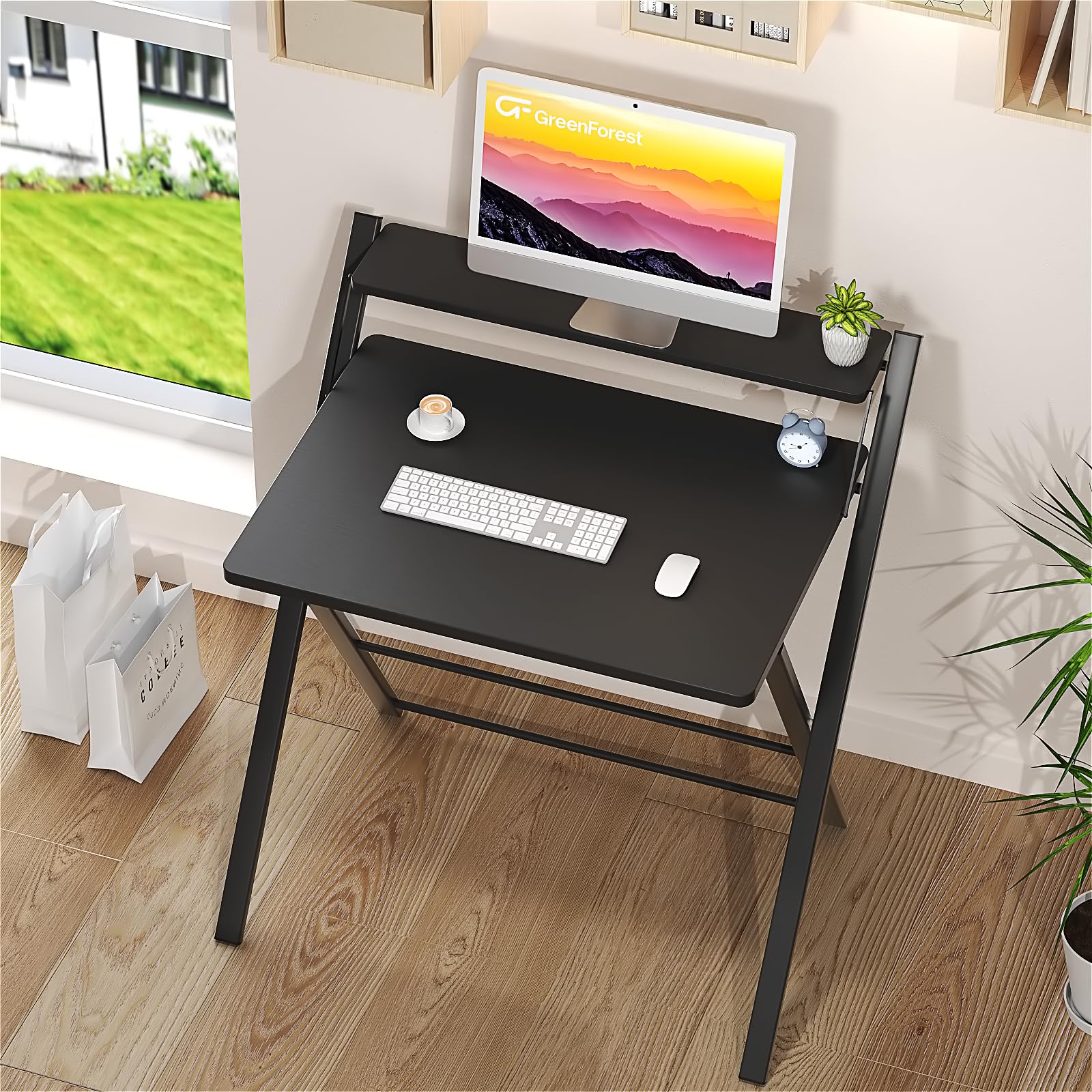 GreenForest Folding Desk - No Assembly Required 2-Tier Computer Desk with Shelf | Space Saving Portable Laptop Table for Home Office & Small Spaces | Perfect for Remote Work, Dorm Rooms & Studio Apartments (Black)