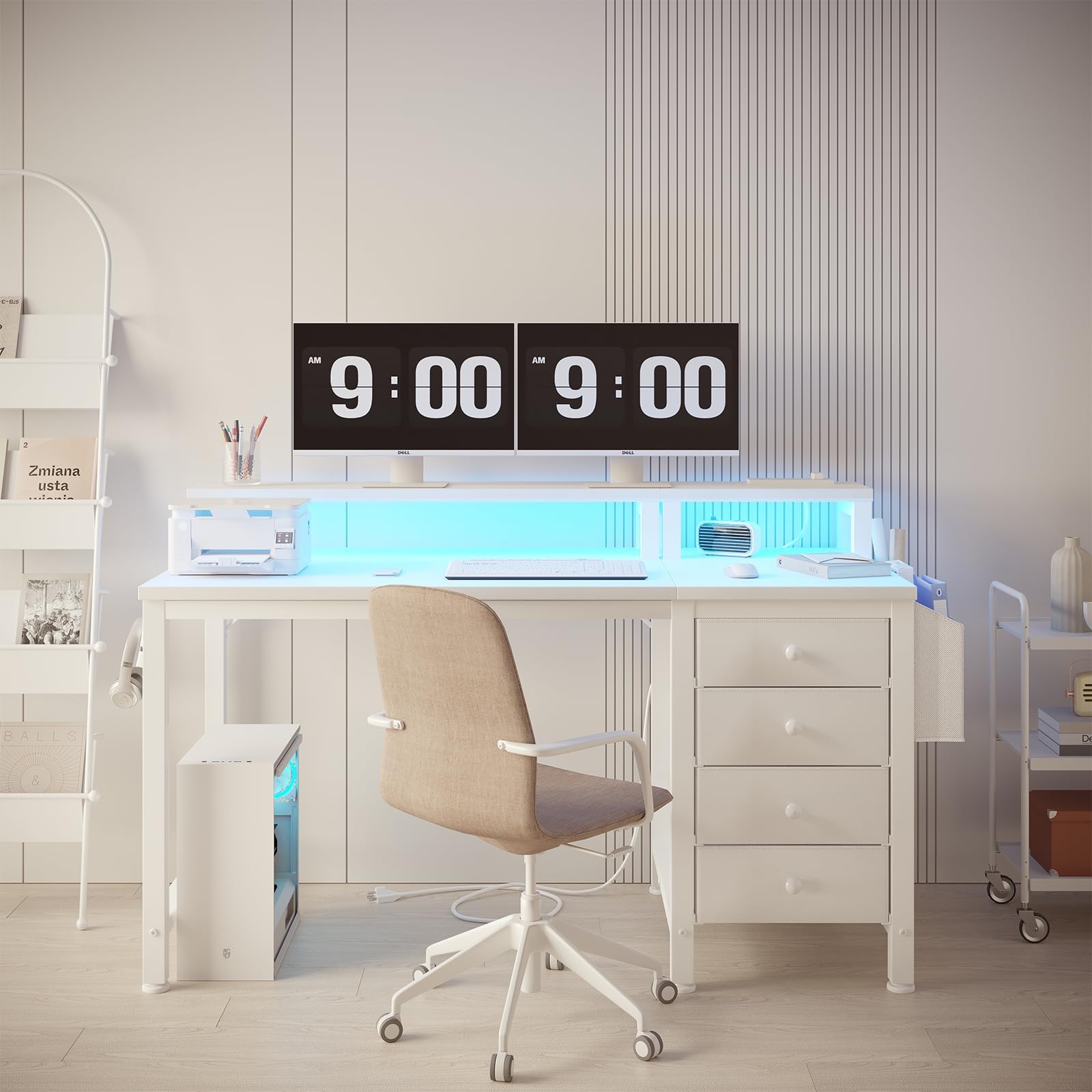 Lufeiya 47-inch White Gaming Desk with 4 Drawers, Monitor Stand & LED Lights - Reversible Computer Desk with Power Outlets, Storage Bag & Fabric Drawers for Home Office, Bedroom - Perfect for Gaming Setup, Workstation & Small Space Organization