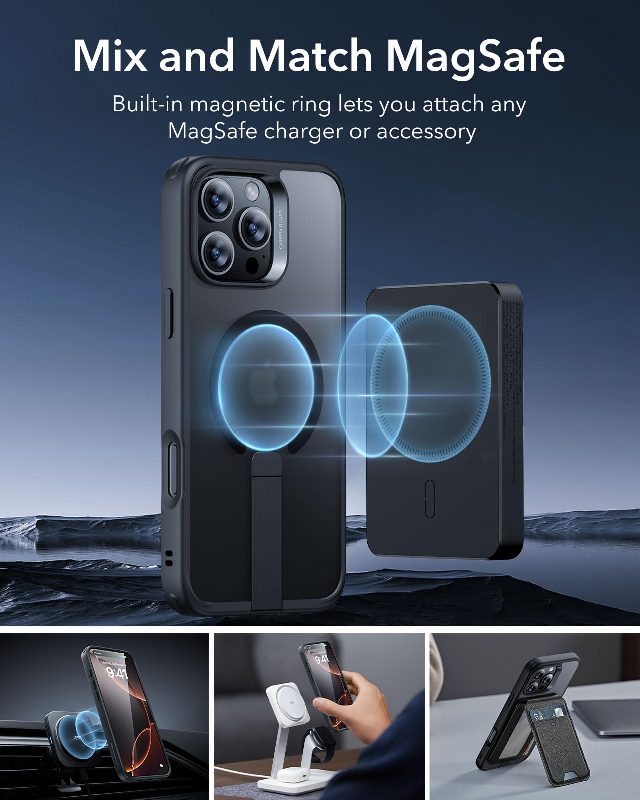 ESR Boost Series Magnetic Case for iPhone 16 Pro Max - Military-Grade Protection, MagSafe Compatible, Adjustable Kickstand, Frosted Black | Perfect for Workouts, Travel & Everyday Use