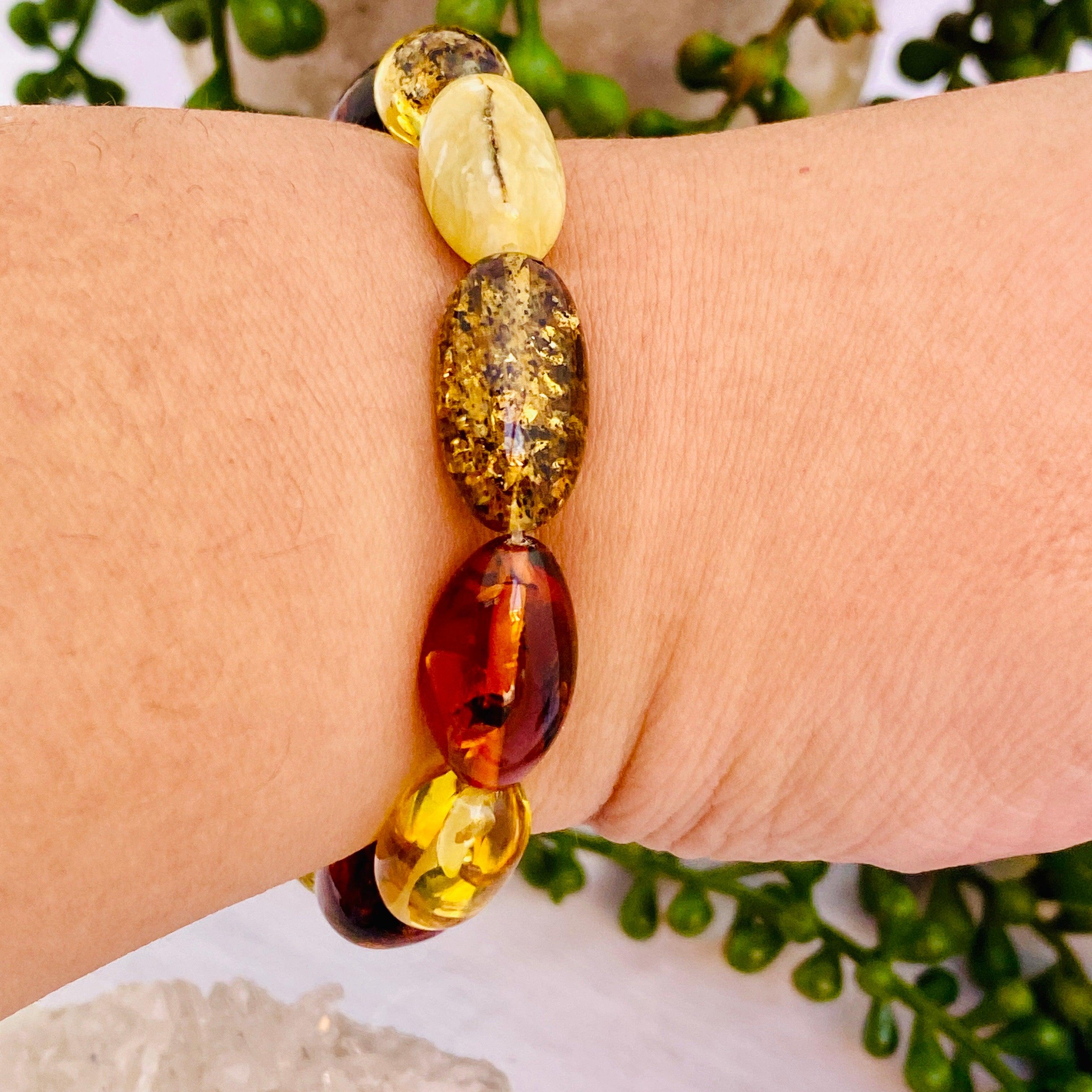 Natural Baltic Amber Multi-Colored Oval 10mm Beaded Bracelet - 15g AMB96 - Perfect for Stress Relief & Teething Pain Relief