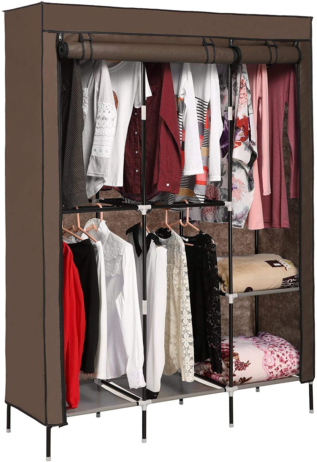 Portable Clothes Closet Wardrobe - Freestanding Double Rod Storage Organizer with Non-Woven Fabric, Easy Assembly (Brown) - Perfect for Small Spaces, Dorm Rooms, Closet Organization & Temporary Storage (US Stock)