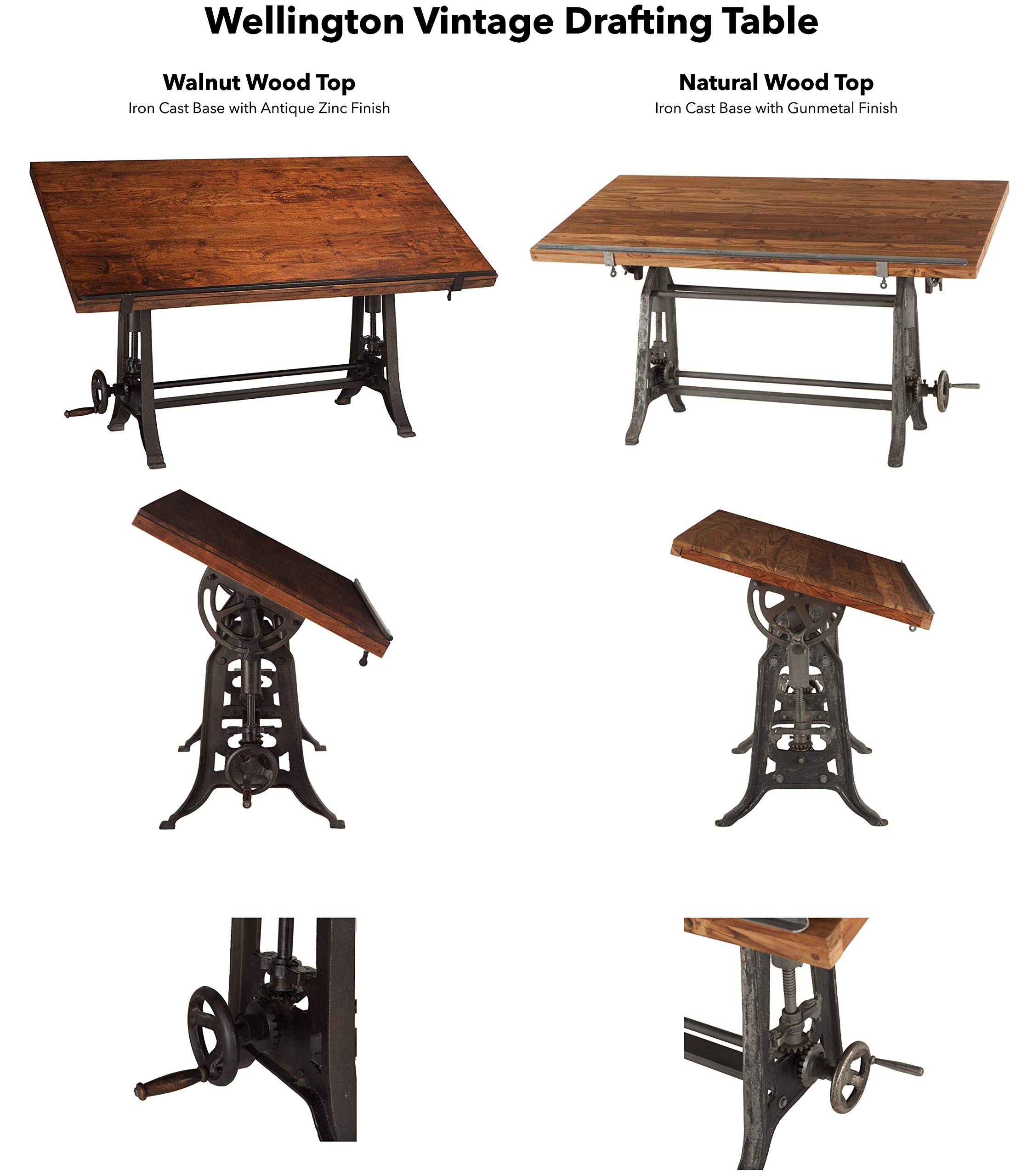 Wellington Industrial Vintage Drafting Table - Adjustable Artist Desk & Standing Desk with Reclaimed Teak Wood Top, Iron Cast Base & Tilt Function | Perfect for Home Office, Art Studio & Architectural Workspace