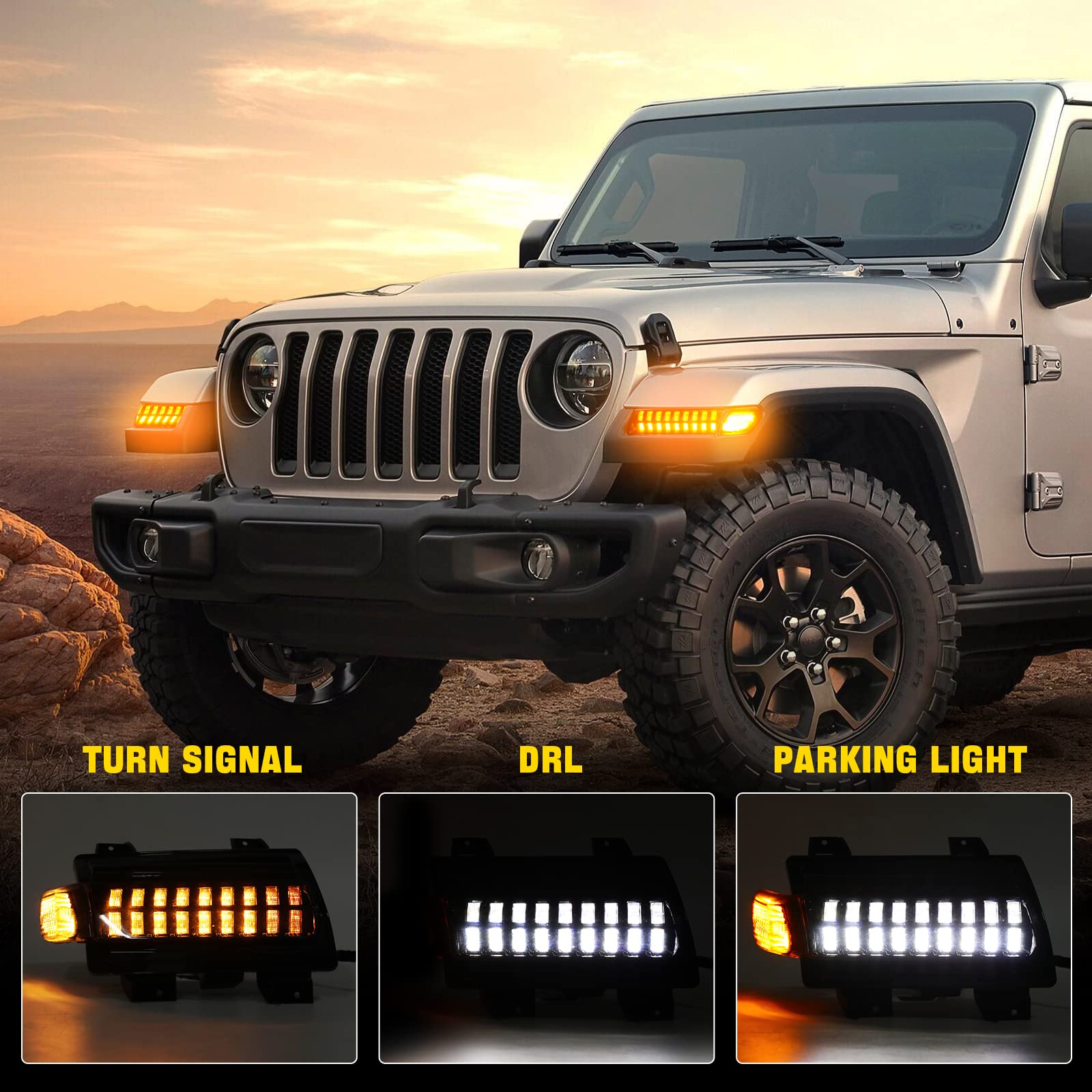 Jeep Wrangler JL LED Fender Lights with Side Marker Lights - Replacement for 2018-2022 Sahara, Rubicon & High Altitude Models - Compatible with Stock Halogen Turn Signals - Perfect for Off-Roading & Night Driving