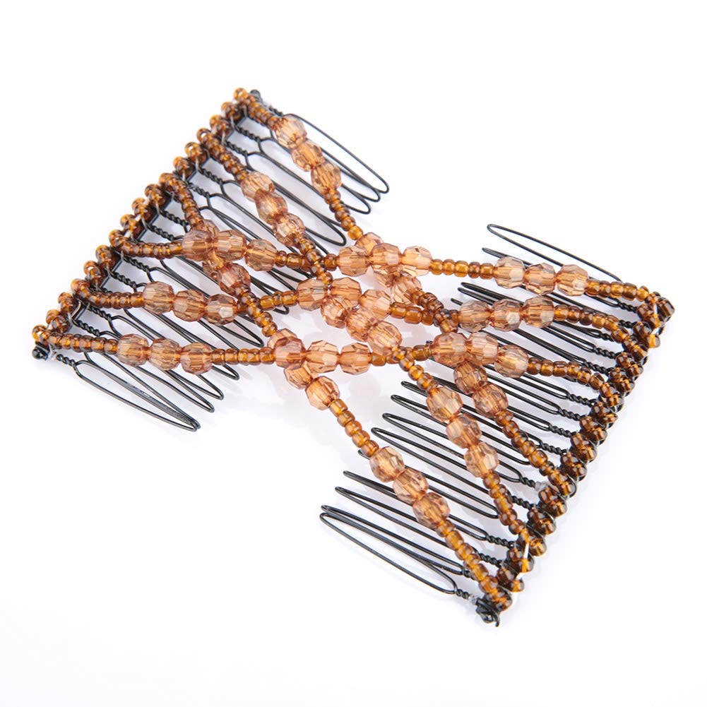 Stretchy Pearl Hair Combs for Women - Double Hair Clips for Thick/Thin Hair - Coffee (Wedding, Party, Daily Use)