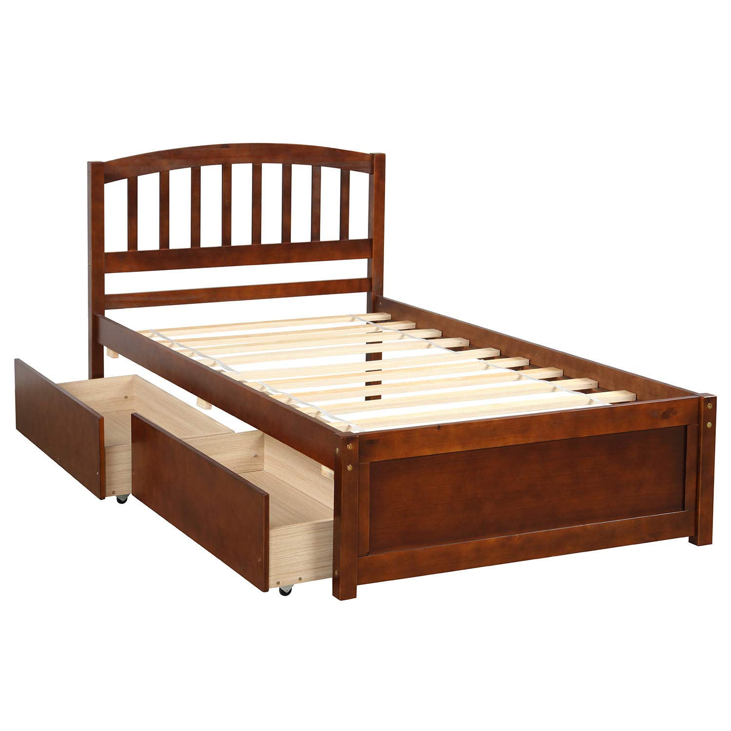 Harper & Bright Designs Twin Bed Frame with Storage Drawers - Solid Wood Platform Bed with Headboard, Walnut Finish - Perfect for Kids Room, Guest Bedroom & Small Spaces