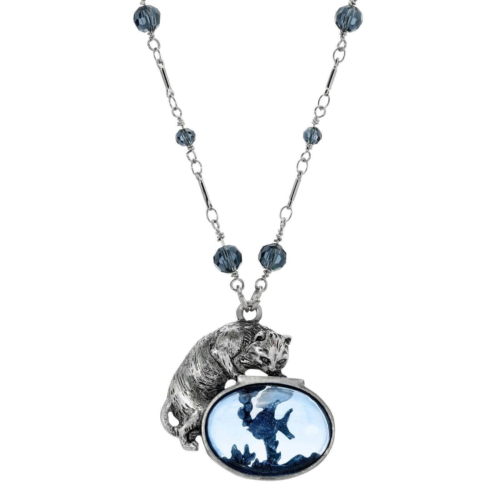 1928 Vintage Cat and Blue Fish Pendant Necklace - 30 Inch Adjustable Chain - Unique Animal Jewelry for Women - Perfect Gift for Cat Lovers, Birthday & Anniversary