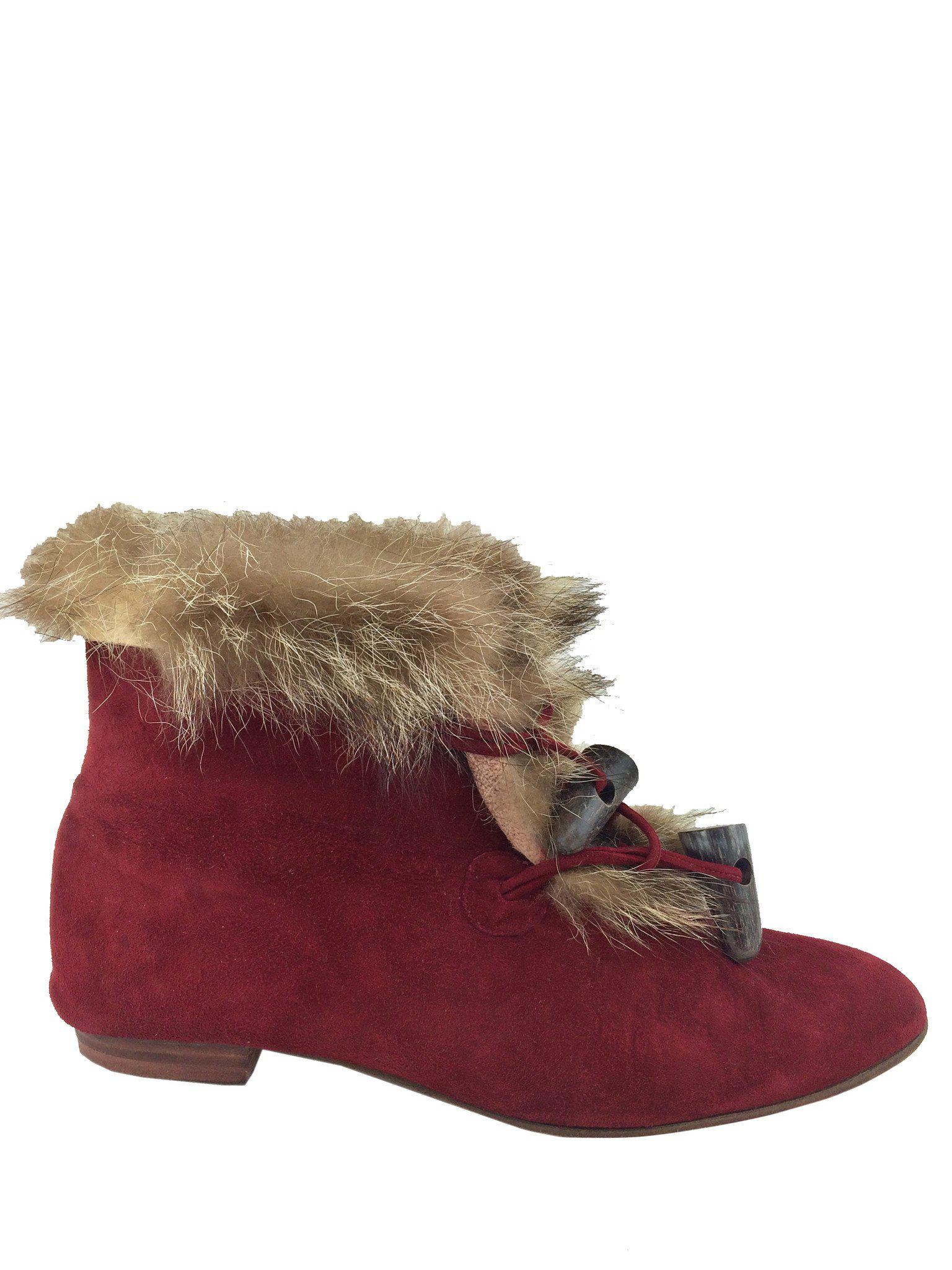 Manolo Blahnik Suede Fur Trim Toggle Booties Women's Size 7.5 - Stylish Winter Ankle Boots for Casual Outings & Date Nights