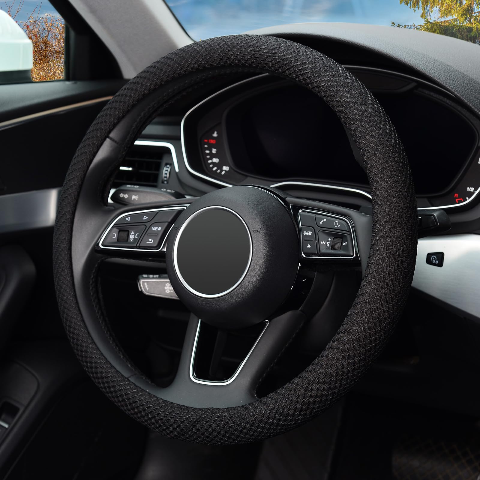 KAFEEK Universal 15 Inch Steering Wheel Cover - Premium Microfiber Viscose, Anti-Slip Grip, Odorless & Breathable - Perfect for Cars, Trucks & SUVs - Black