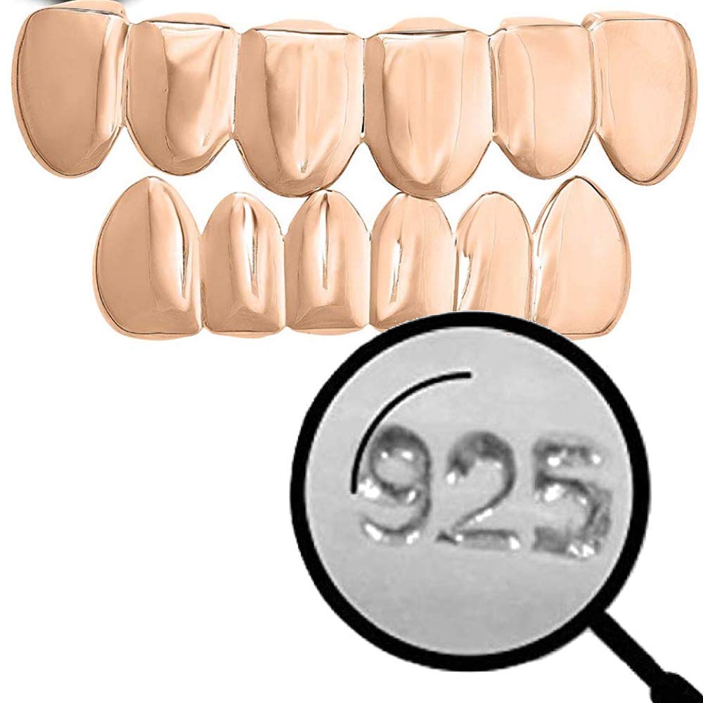 925 Sterling Silver Rose Gold Plated Custom Grillz for Teeth - Top & Bottom Solid Silver Dental Jewelry - Perfect for Hip Hop, Parties & Special Occasions
