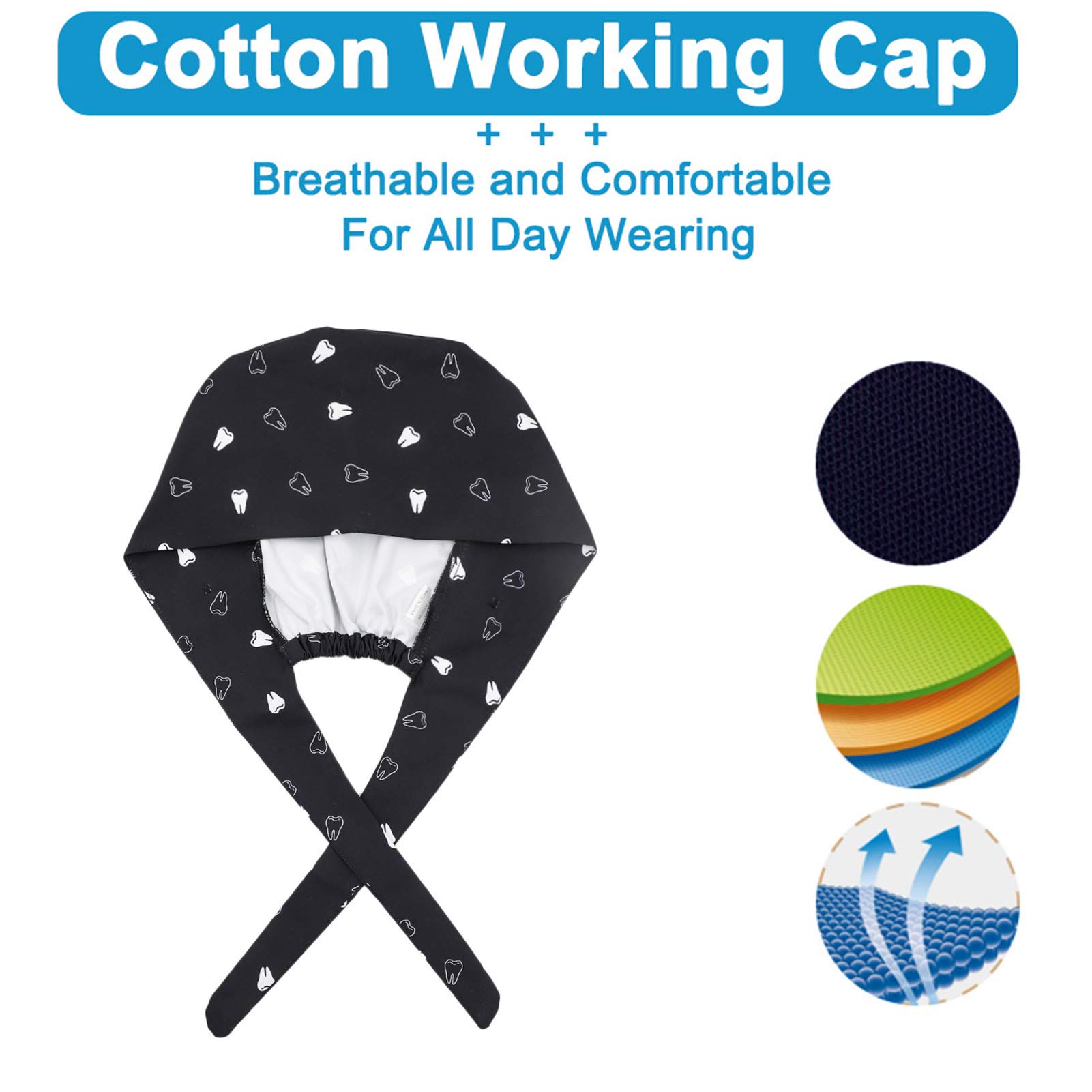 3PCS Cute Teeth Print Working Cap with Button - Breathable Lace-Up Sweatband Work Hat for Women & Men - Hair Cover for Chefs, Nurses, Food Service & DIY Projects