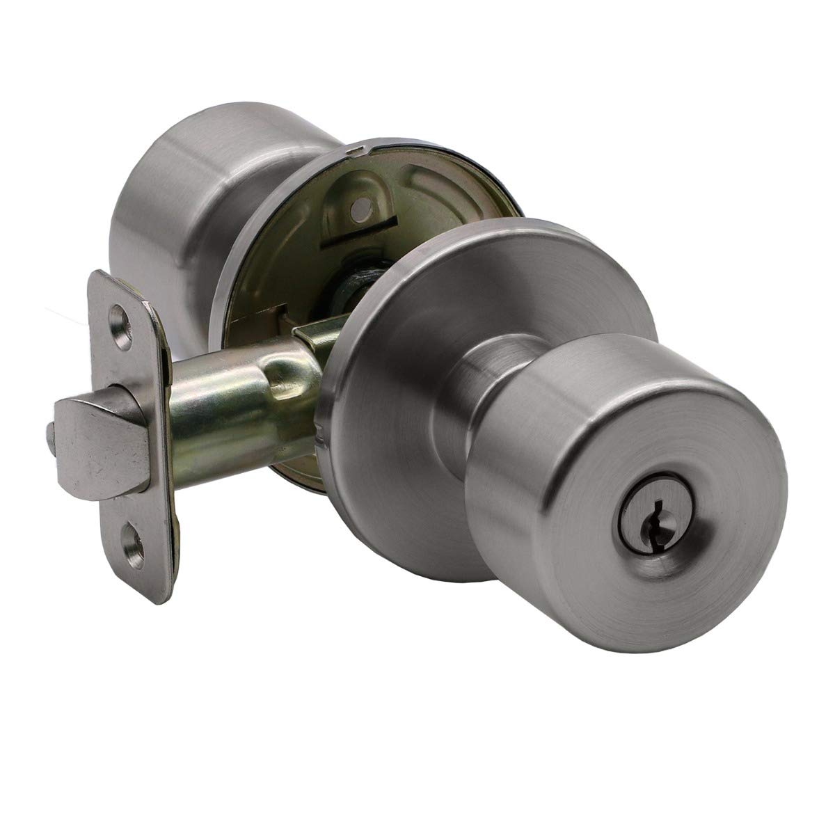 Modern Designer Flat Keyed Entry Door Knob - Exterior Handle Lock with Round Rose in Satin Nickel Finish - Perfect for Front Doors, Patio Entries & Home Security