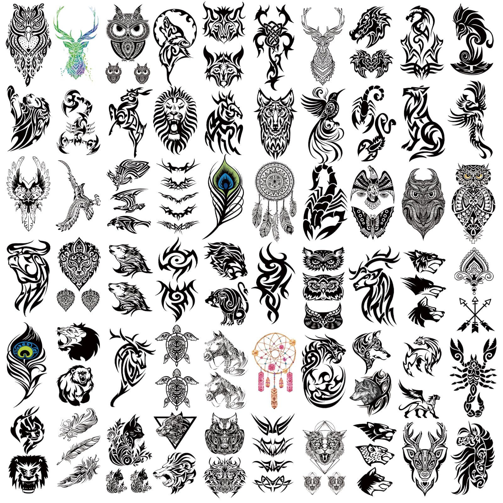 77 Sheets Temporary Tattoo Stickers - 17 Half Arm Black Tribal Animal Designs (Lion, Owl, Wolf, Turtle, Deer) + 60 Tiny Tattoos for Adults, Men, Women, Boys & Girls - Perfect for Parties, Halloween, Costumes & Body Art
