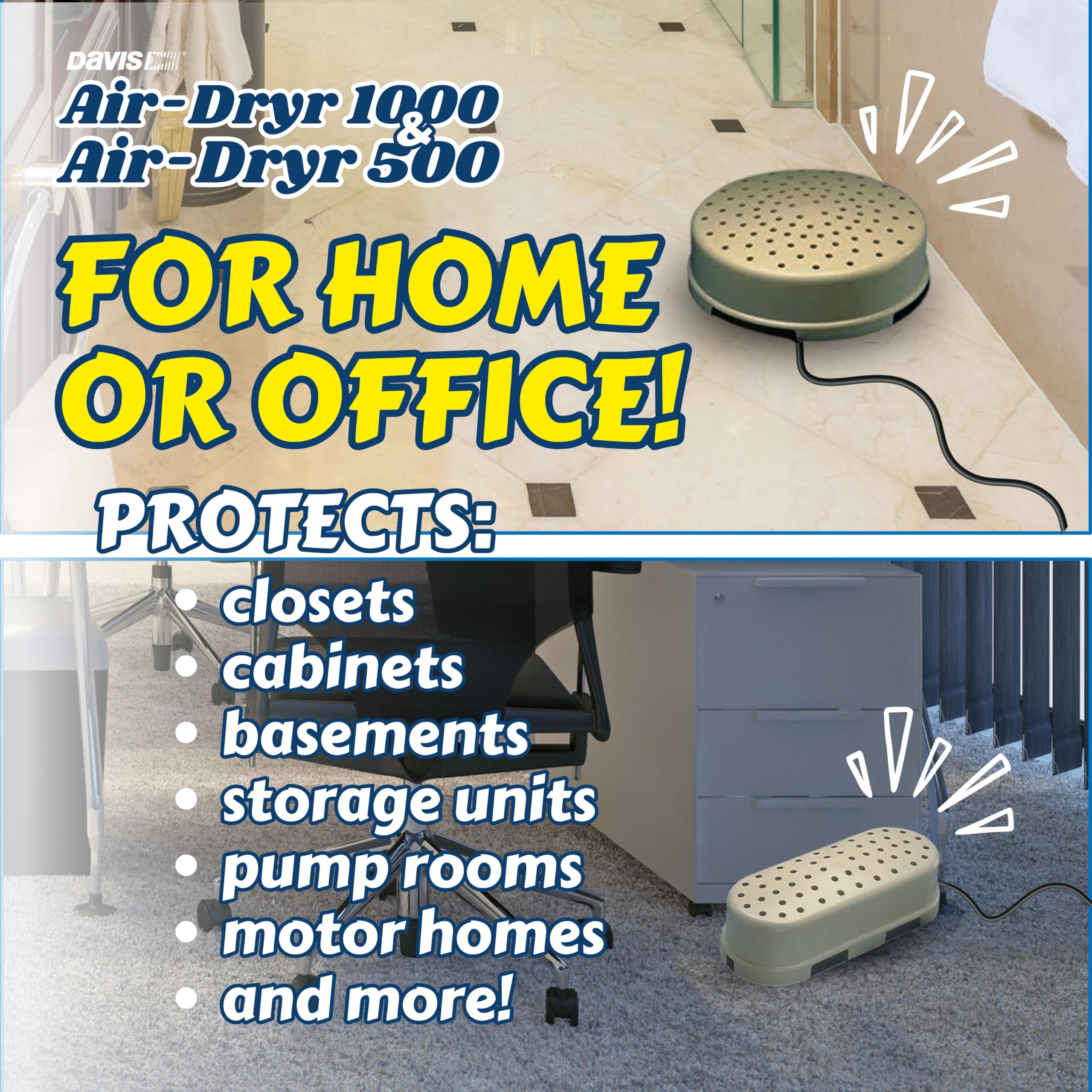 Davis Air-Dryr 500 & 1000 2-Pack Bundle - Ultra Quiet Dehumidifier for Moisture Control - Portable Air Dryer for RV, Camper, Bathroom, Bedroom, Closet - Perfect for Small Spaces, Travel & Home Use