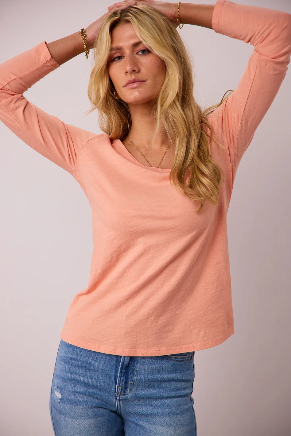 Long Sleeve V-Neck T-Shirt for Women - Soft Peach Cotton Blouse, Comfortable Casual Top | Perfect for Work, Date Night & Everyday Wear