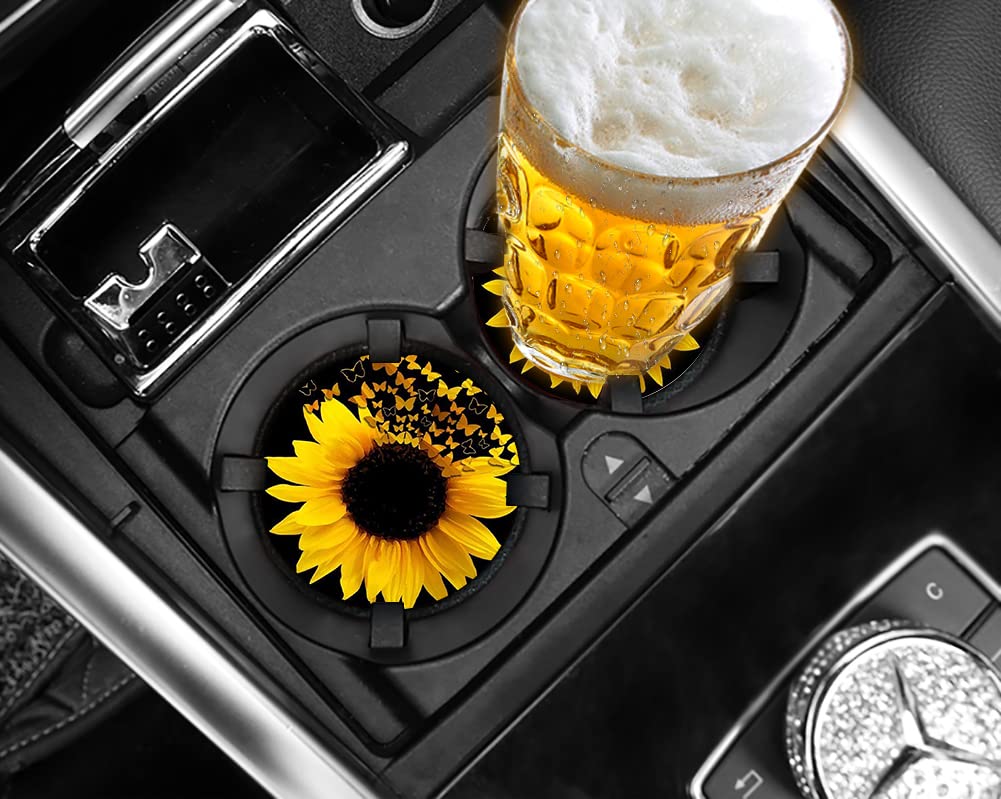 2 Pack Sunflower Ceramic Car Cup Holder Coasters - Absorbent Drink Coasters for Auto Accessories, Perfect Gift for Men & Women (Black Sunflower with Butterflies) - Keep Your Car Clean & Stylish While Driving