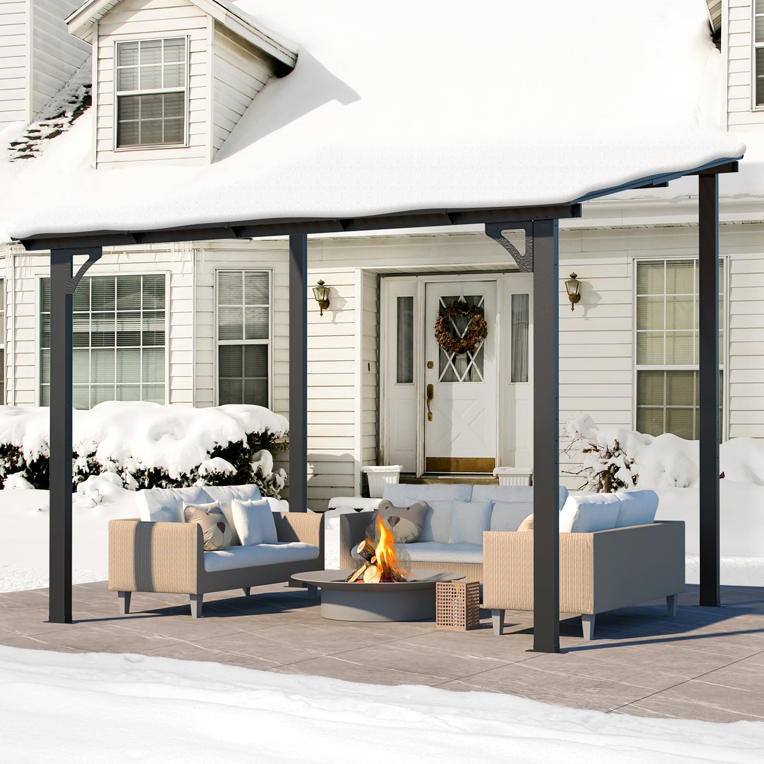 AECOJOY 10' x 8' Hardtop Wall-Mounted Gazebo Pergola with Roof - 80 Sq.Ft Shaded Outdoor Canopy for Patio, Deck, Backyard - Heavy Duty Weatherproof Lean-to Awning for Garden, BBQ, and Outdoor Relaxation