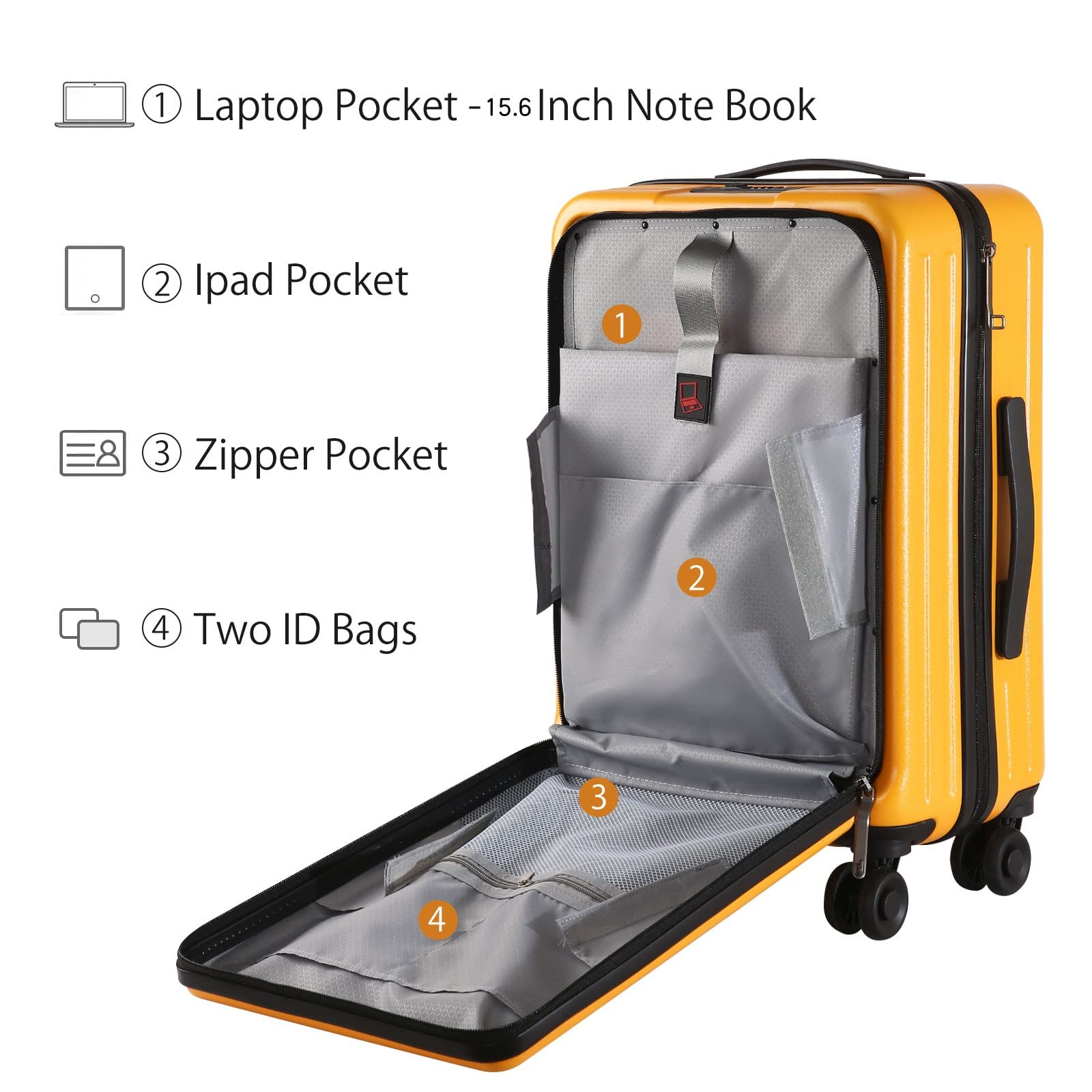 TydeCkare 20 Inch Carry On Luggage - 45L Lightweight ABS+PC Hardshell Suitcase with Front Zipper Pocket & Spinner Silent Wheels - Perfect for Business Travel, Weekend Getaways & Airplane Carry-On (Orange)