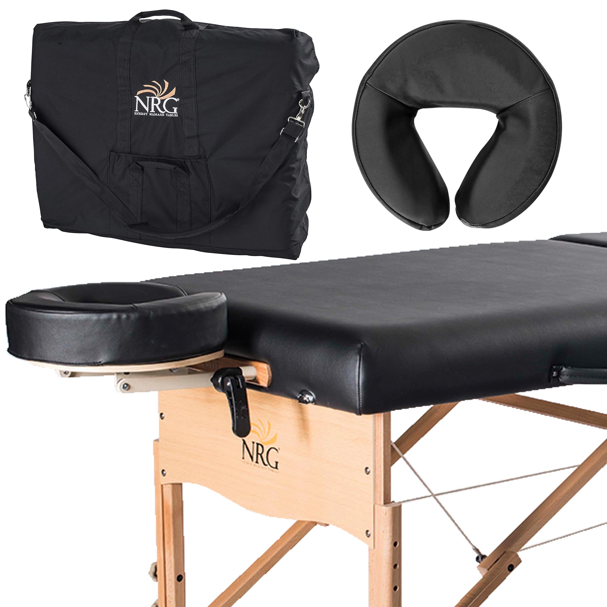 NRG Chi Massage Portable Folding Table - Lightweight & Durable White Oak Massage Therapy Table with Premium Cushioned Headrest & Carry Case (Black) - Perfect for Home, Spa, and Professional Use