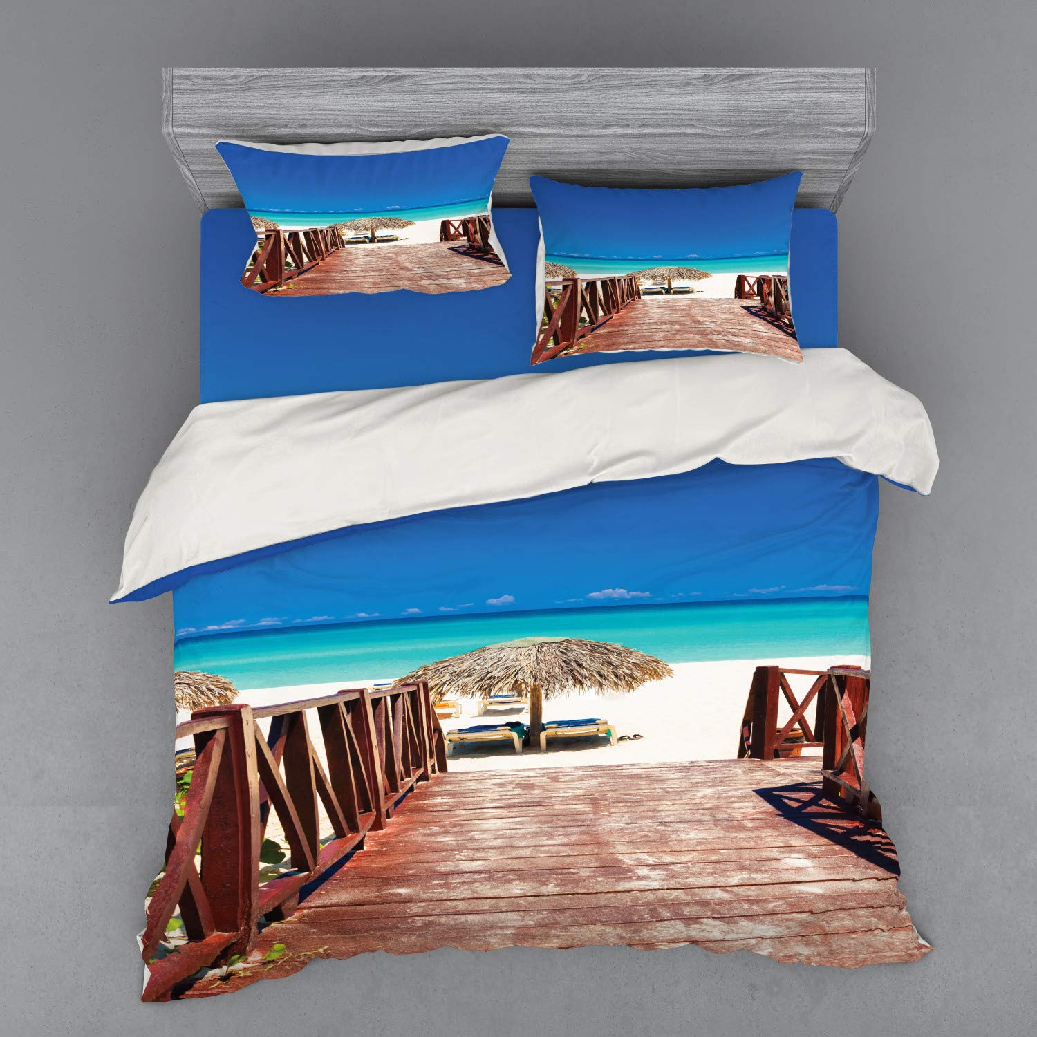 Ambesonne Beach Duvet Cover Set - King Size 4-Piece Bedding with Shams & Fitted Sheet | Tropical Cuba Summer Ocean Design in Chocolate Navy Turquoise | Perfect for Coastal Bedrooms, Beach House Decor & Vacation Retreats