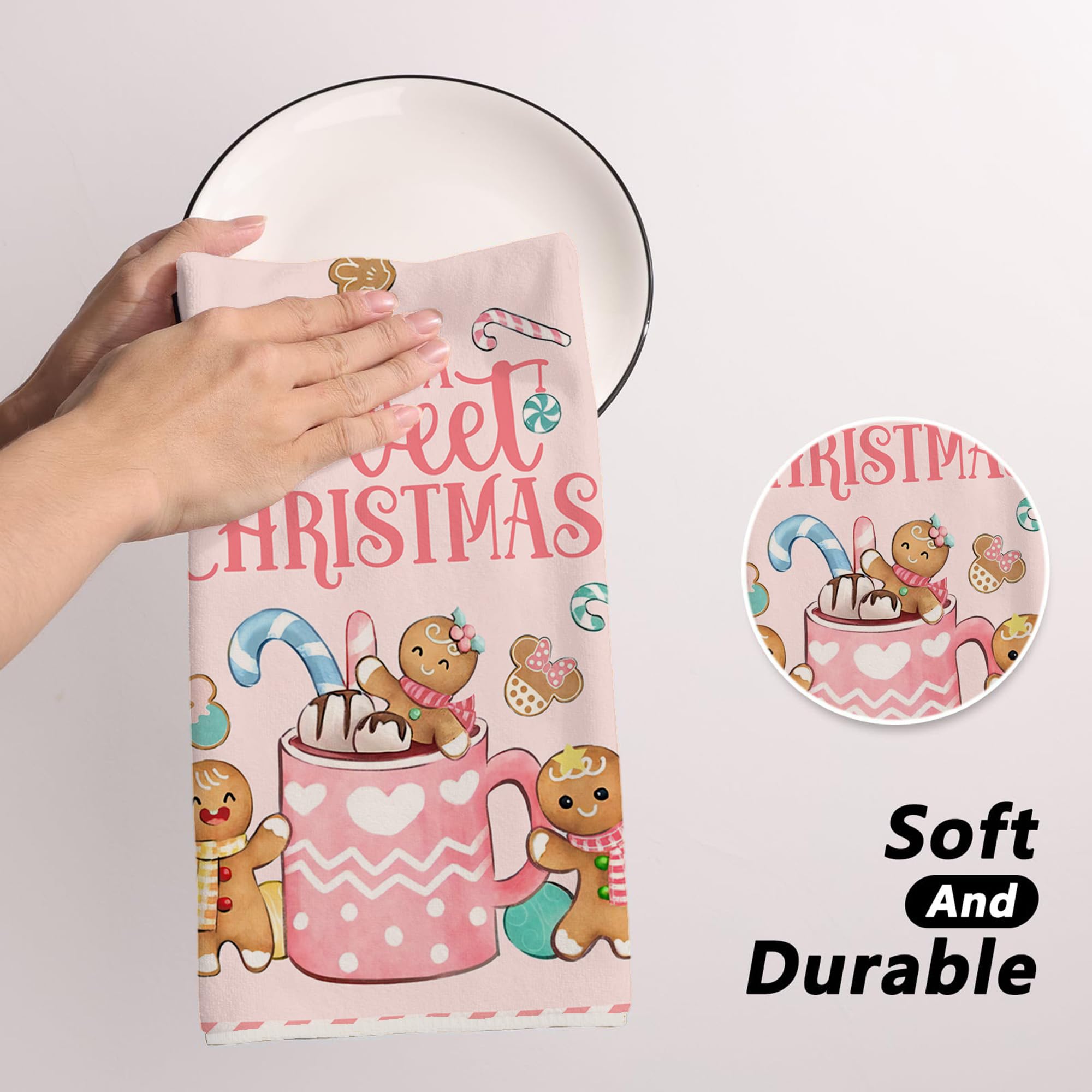 Pink Gingerbread Christmas Kitchen Towels - Holiday Dish Towels with Gingerbread Mouse & Candy Cane Designs - Festive Xmas Decor for Home Kitchen, Party & New Year Celebrations - Perfect for Baking, Cooking & Holiday Entertaining