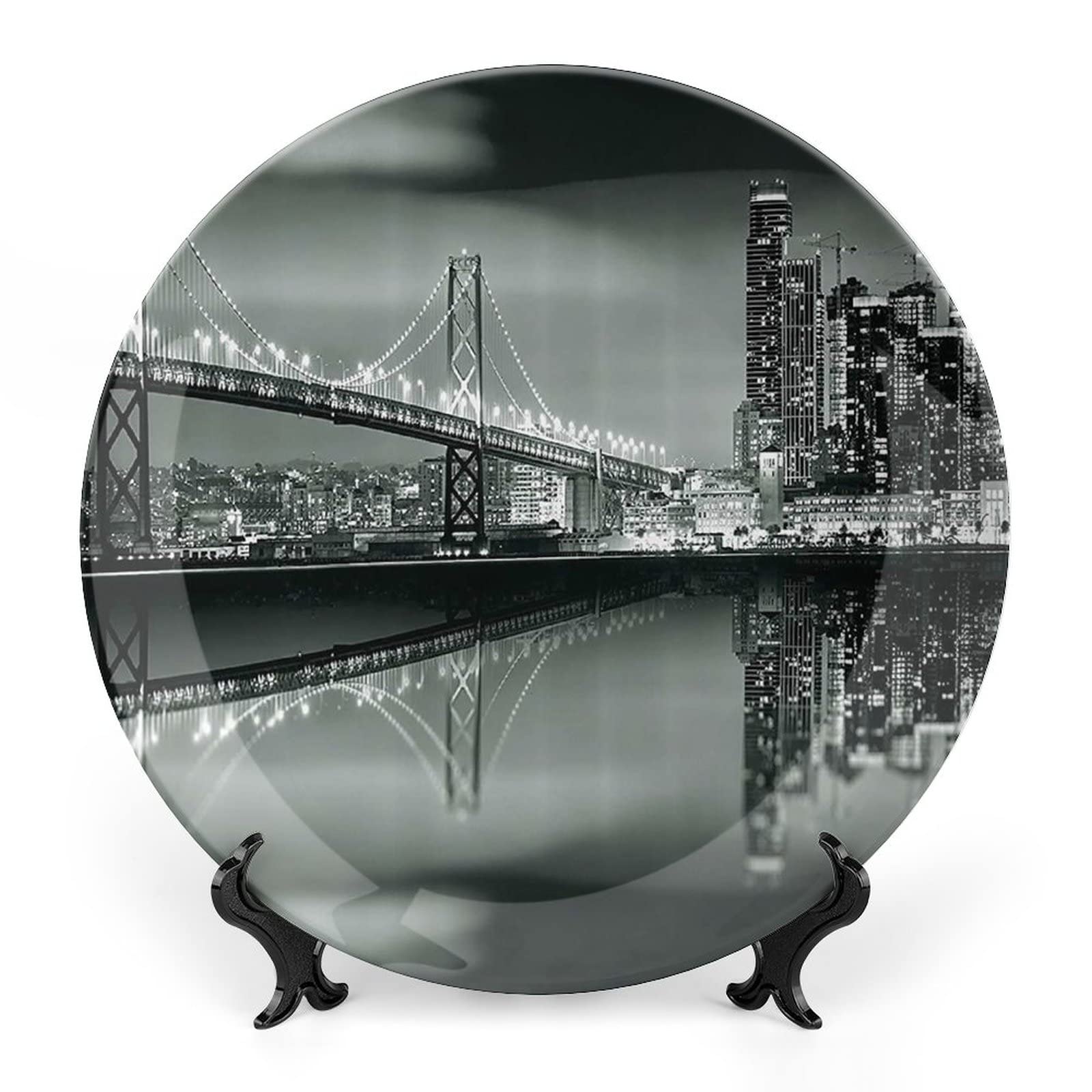 Black and White Decorative Ceramic Plates - 10 Inch San Francisco Bay Bridge Metropolis Panorama - Elegant Dinnerware for Dining, Parties, Weddings & Home Decor (Set of 4) - Perfect for Modern Kitchens, Restaurant Serving & Gift Giving