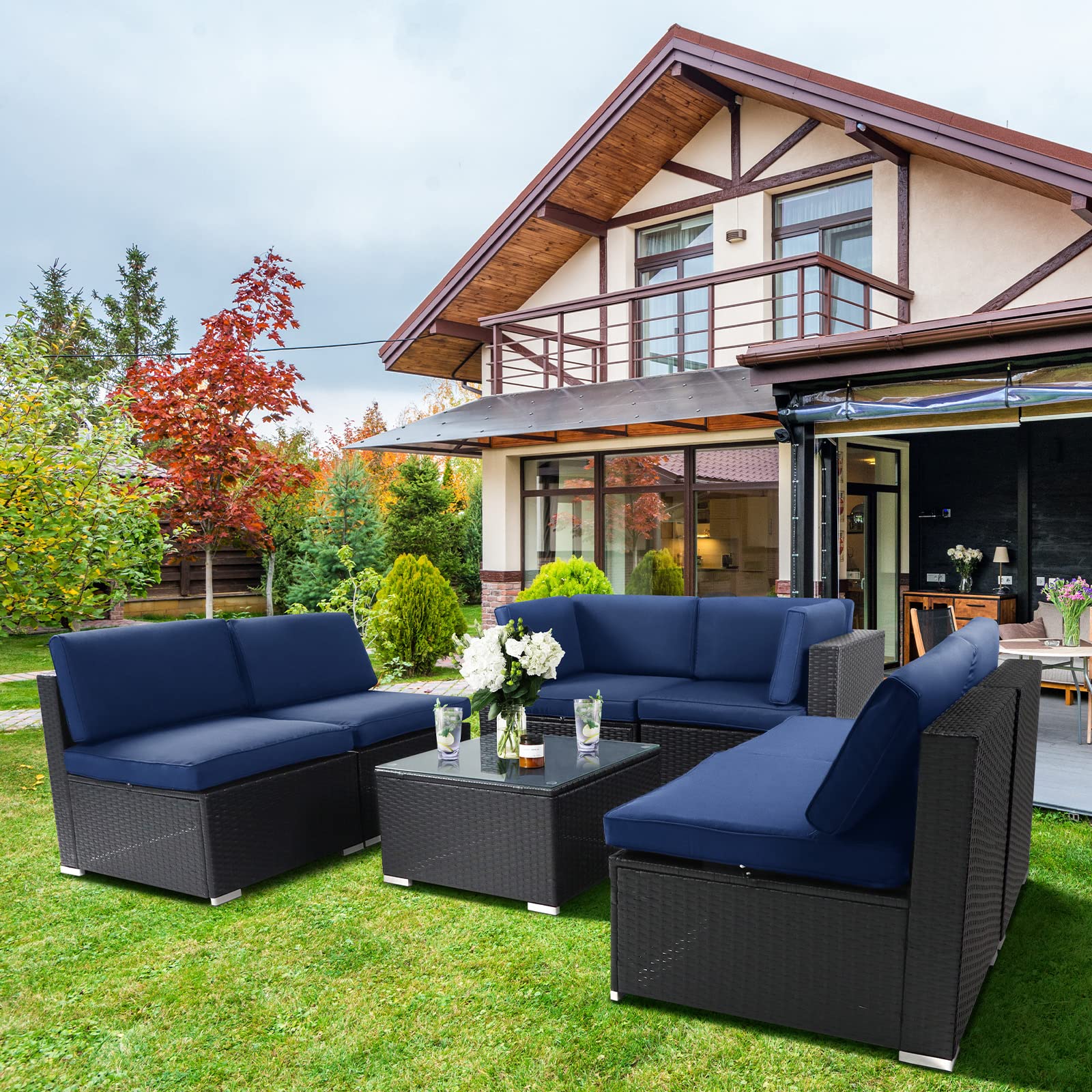 7-Piece Outdoor Patio Furniture Set - Black/Brown Wicker Sectional Sofa with Dark Blue Cushions & Tempered Glass Table - Perfect for Backyard, Garden, Poolside & Patio Relaxation