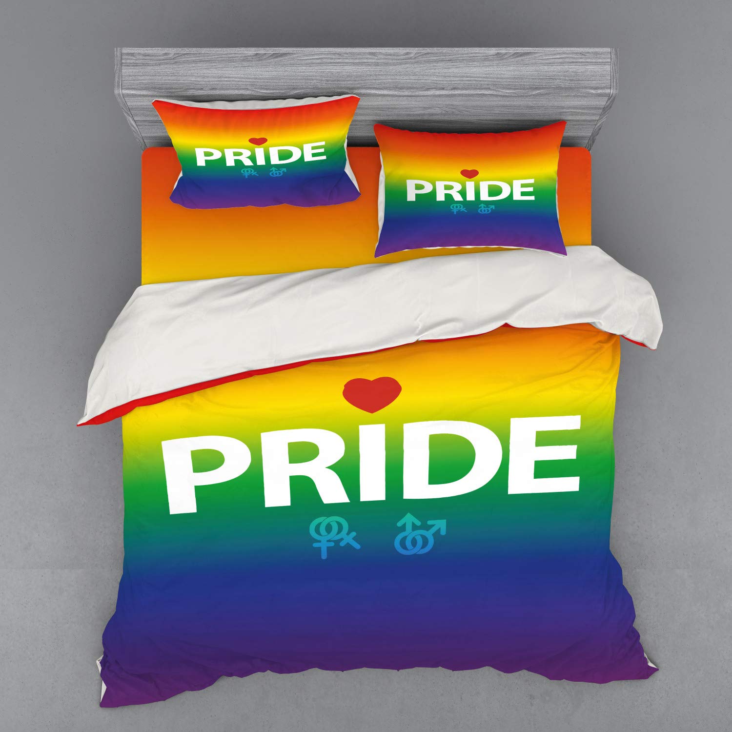 Ambesonne Pride Bedding Set - 4 Piece King Size Duvet Cover Set with Shams & Fitted Sheet, Abstract Vibrant LGBTQ+ Celebration Design with Gender Symbols & Red Heart, Multicolor - Perfect for Pride Month, LGBTQ+ Events & Colorful Bedroom Decor