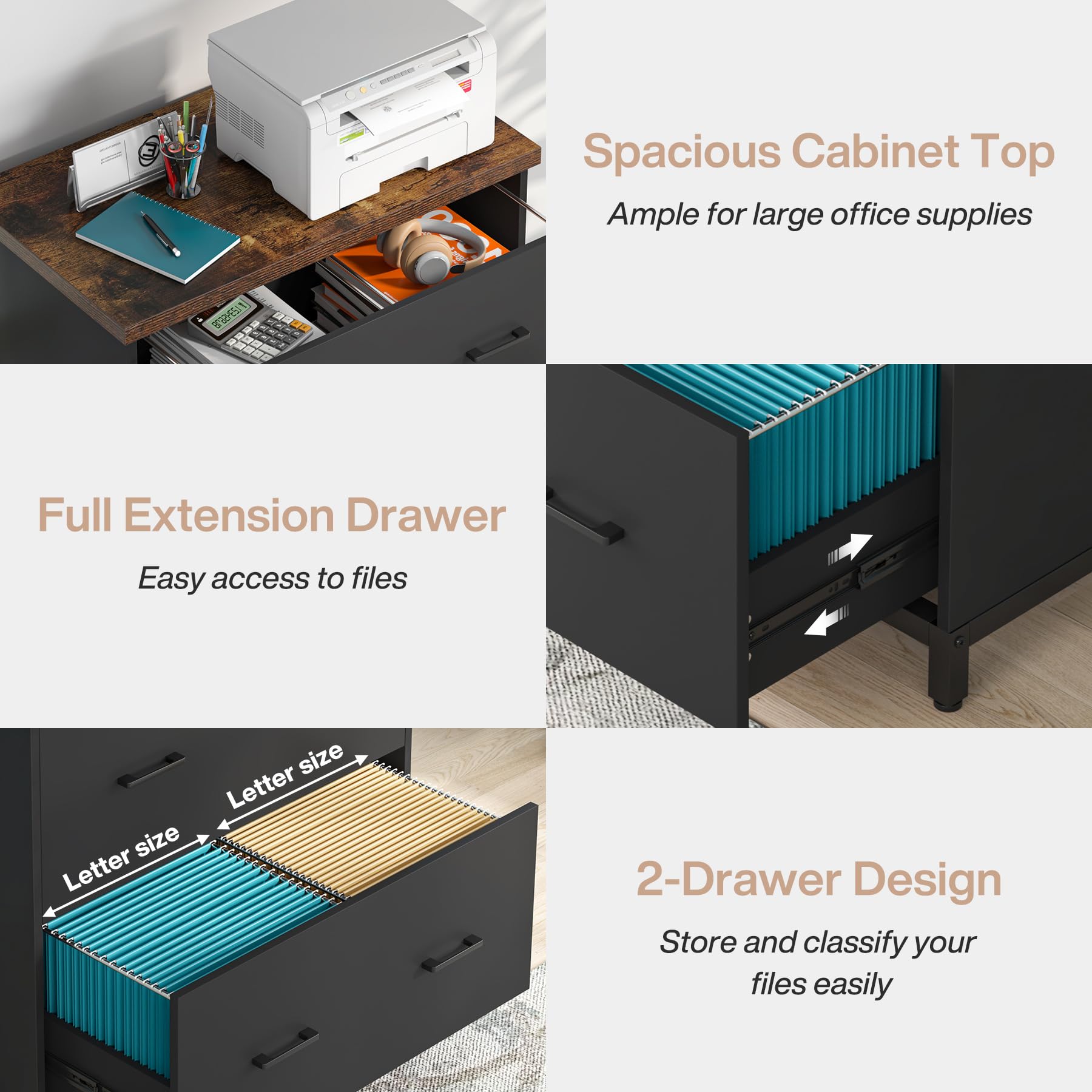 Tribesigns 2-Drawer Wood Lateral File Cabinet - Home Office Storage for A4 & Letter Size Documents - Brown & Black Filing Cabinet for Office Organization & Paper Storage