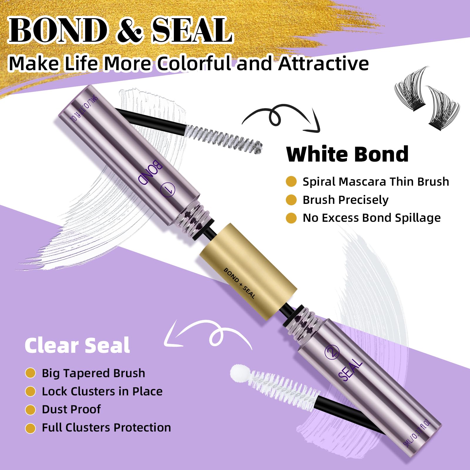 Waterproof 10ML Lash Bond & Seal - Long Lasting Eyelash Extension Glue with Mascara Wand, Strong Hold 2-in-1 Formula for DIY Cluster Lashes (White) | Perfect for Salon Professionals & Home Lash Extensions