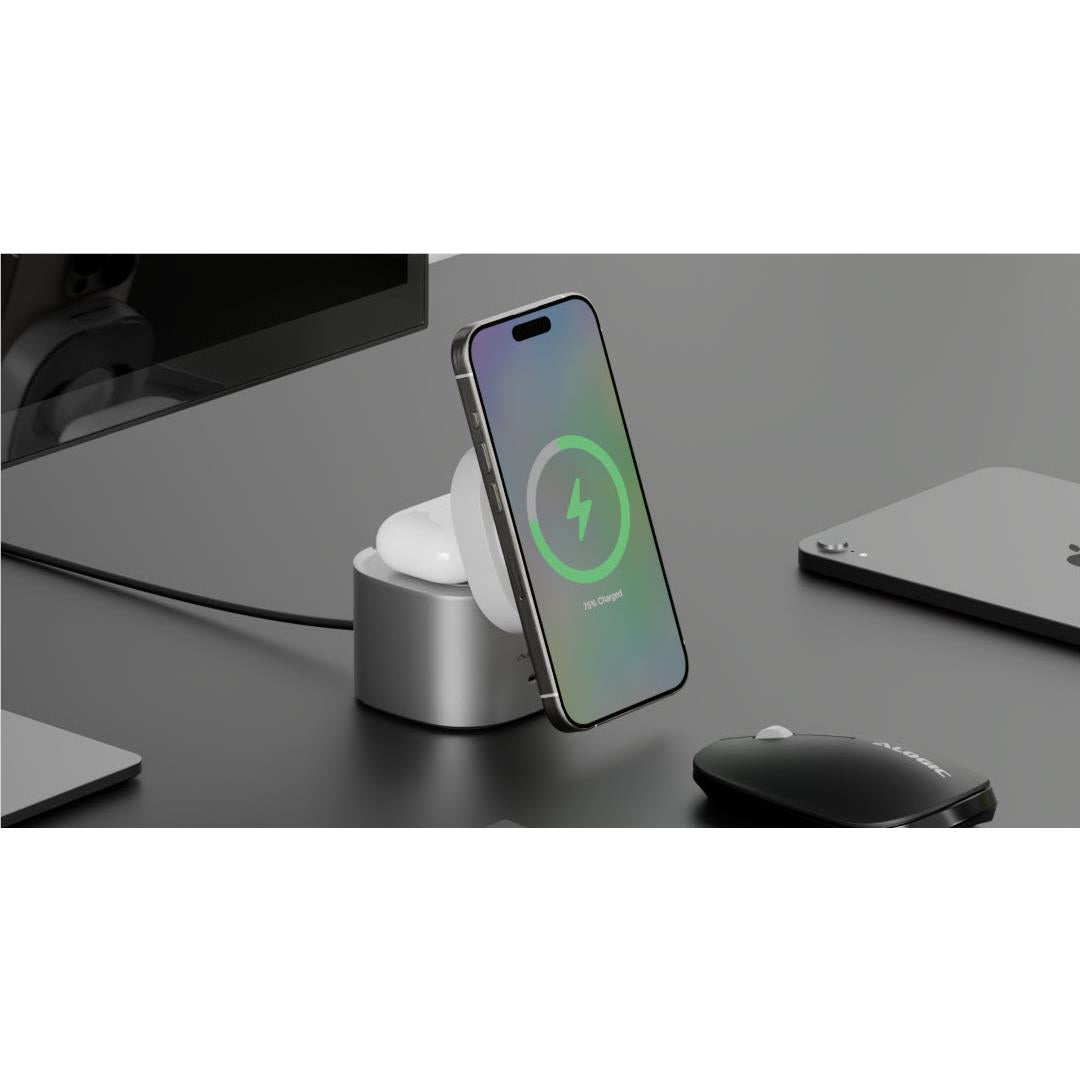 Alogic Powerpod 4-in-1 Qi2 Fast Wireless Charging Stand for iPhone 15/14/13, AirPods, Apple Watch - White | Multi-Device Charging Station for Home, Office & Travel