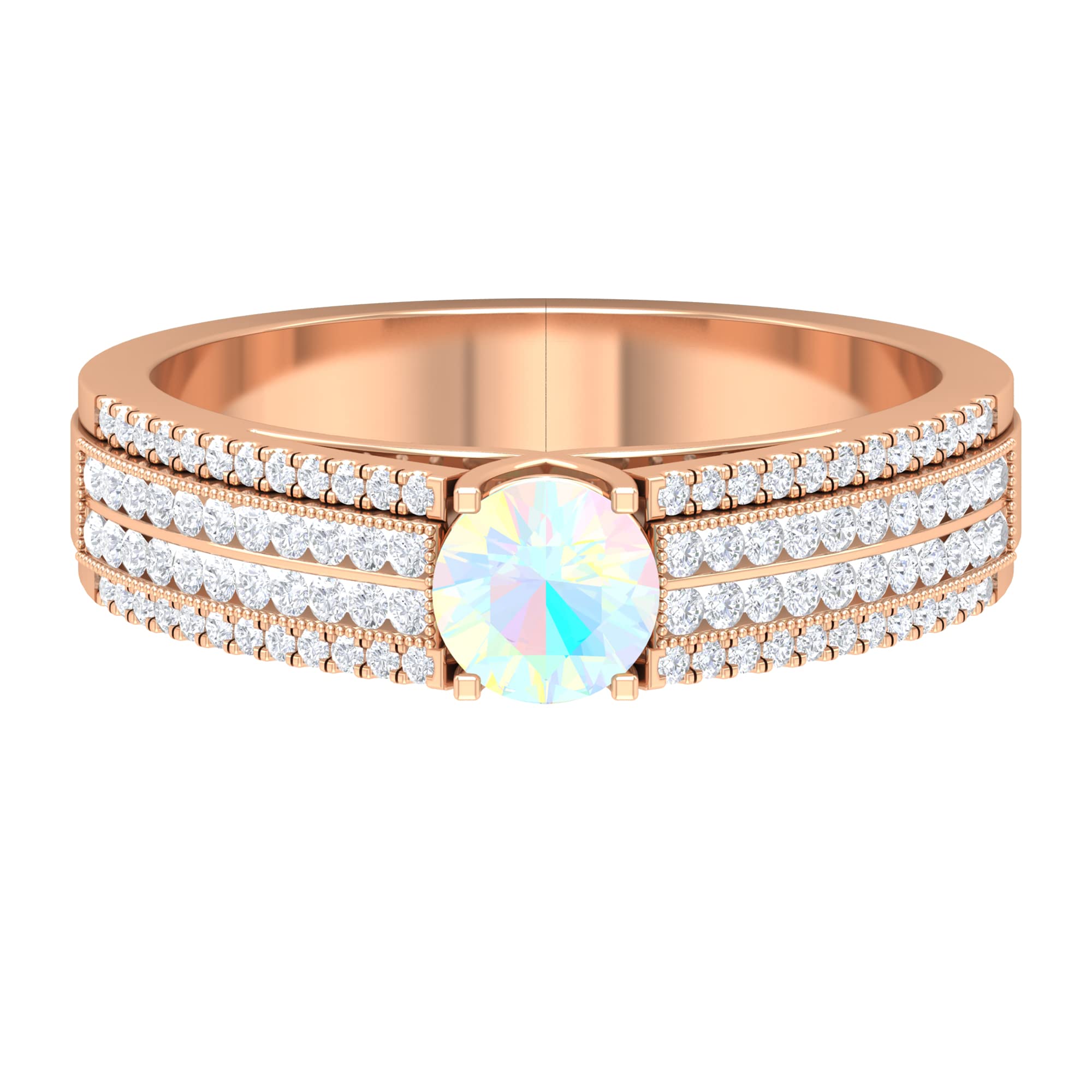 3/4 CT Ethiopian Opal and Diamond Ring in 14K Solid Gold - 5mm Opal Solitaire with Diamond Accents, Elegant Side Stone Engagement Ring, Perfect October Birthstone Jewelry for Weddings, Anniversaries & Special Occasions