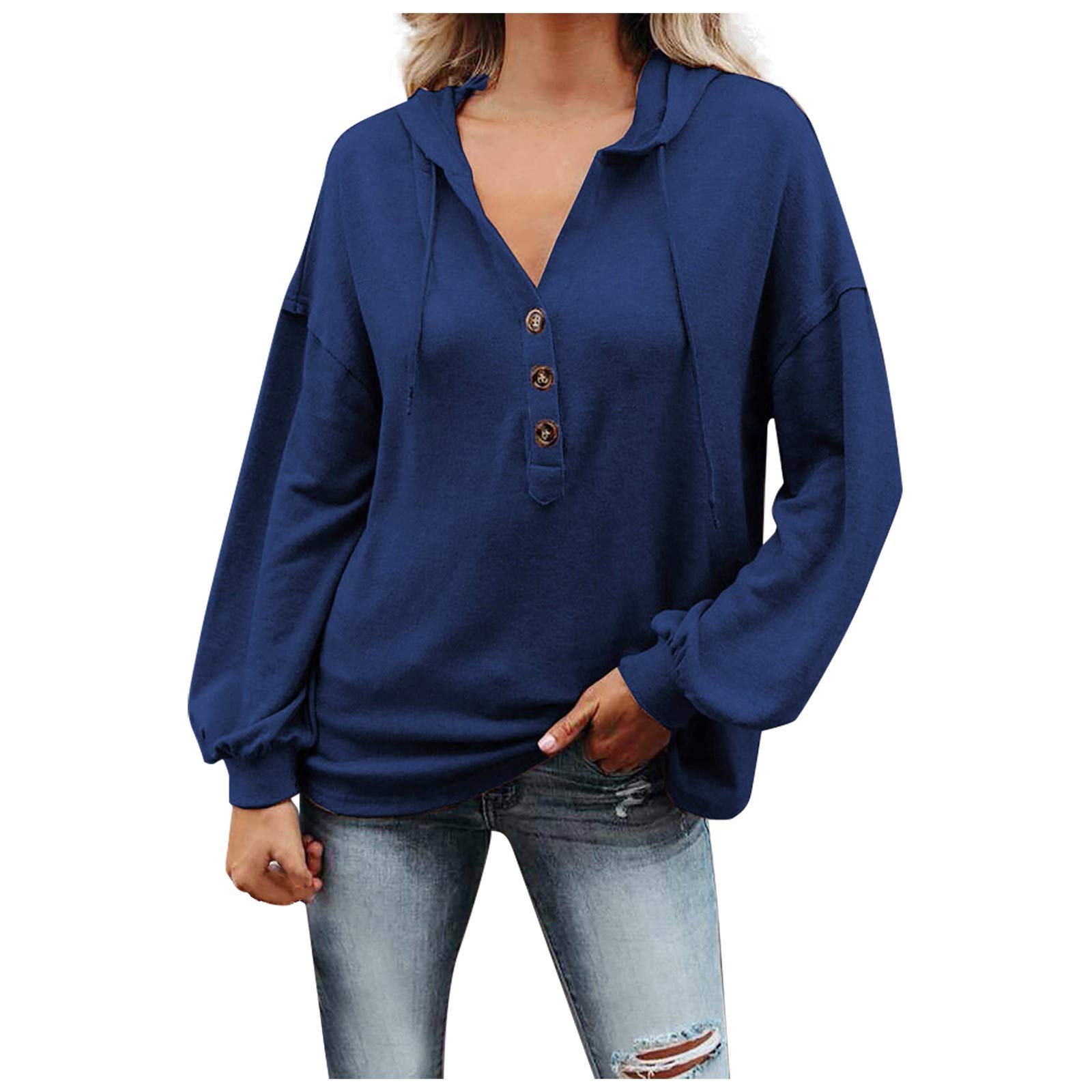 Trendy Women's Autumn Winter Pullover Hoodie - Casual Solid Button Front Sweatshirt with Drawstring for Cozy Outfits & Layering