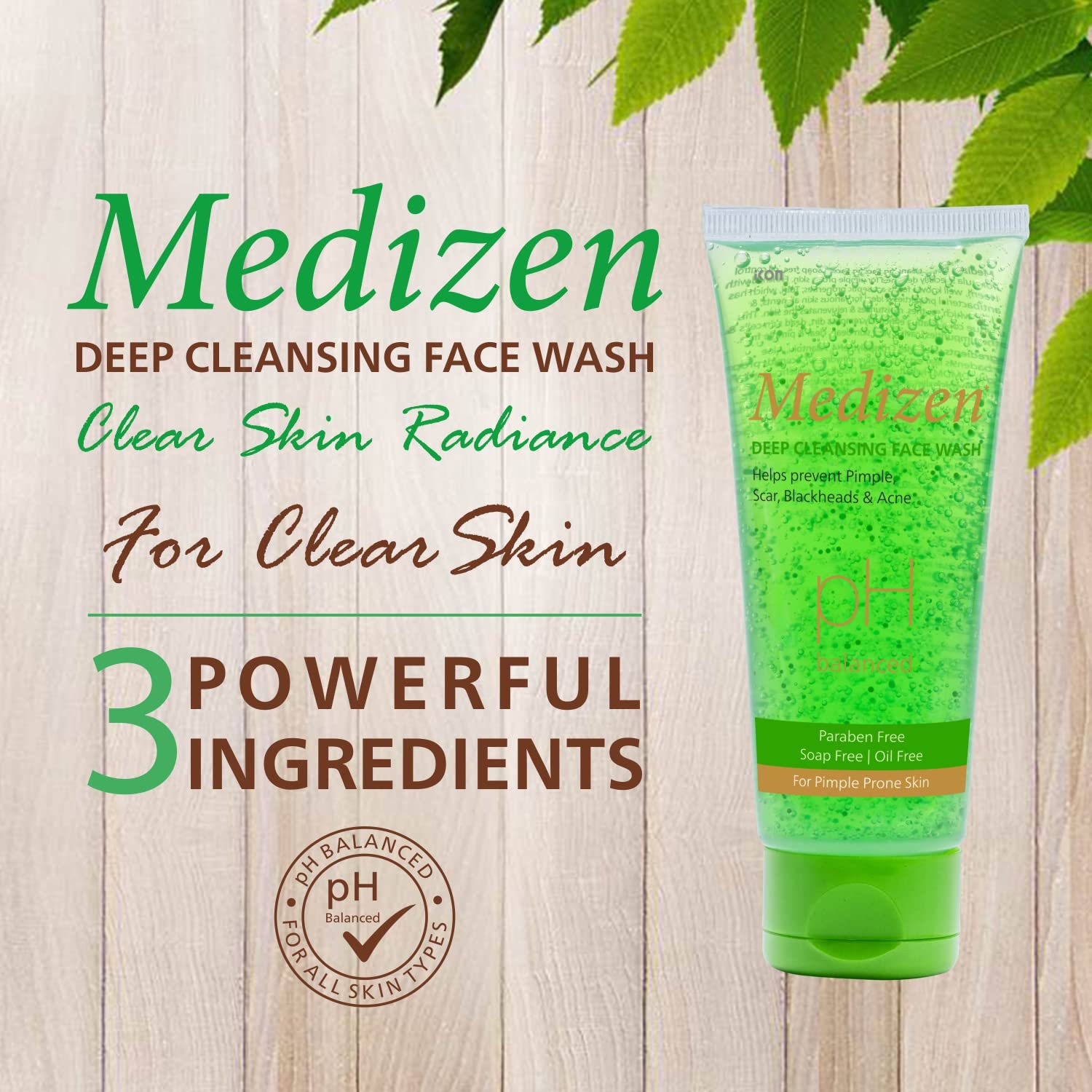 Medizen Deep Cleansing Face Wash 100ml - Oil Free, Soap Free, Paraben Free with Neem, Aloe Vera & Tulsi for Acne Control & Glowing Skin | pH Balanced Gentle Cleanser for Daily Use | Perfect for Morning & Night Skincare Routine
