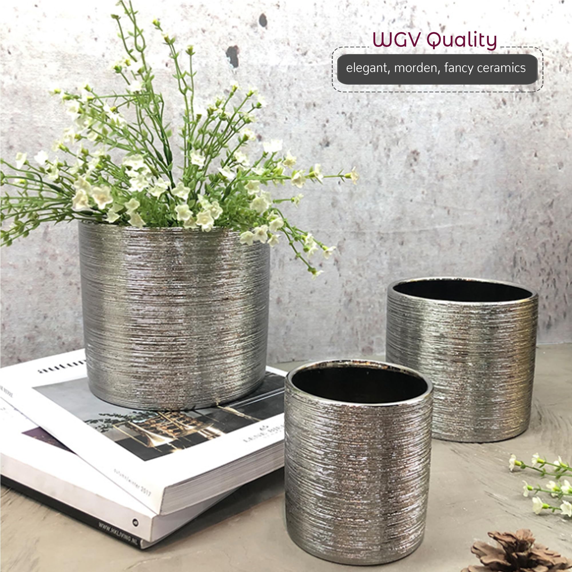 WGVI Silver Etched Ceramic Cylinder Vase - 6.5